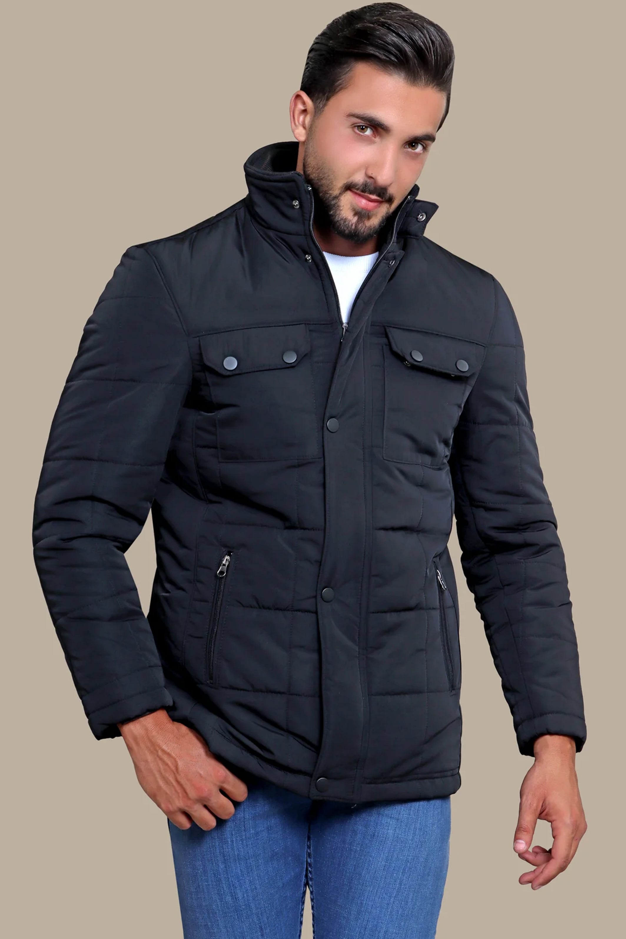 Black Puffer Jacket with Flap Pockets