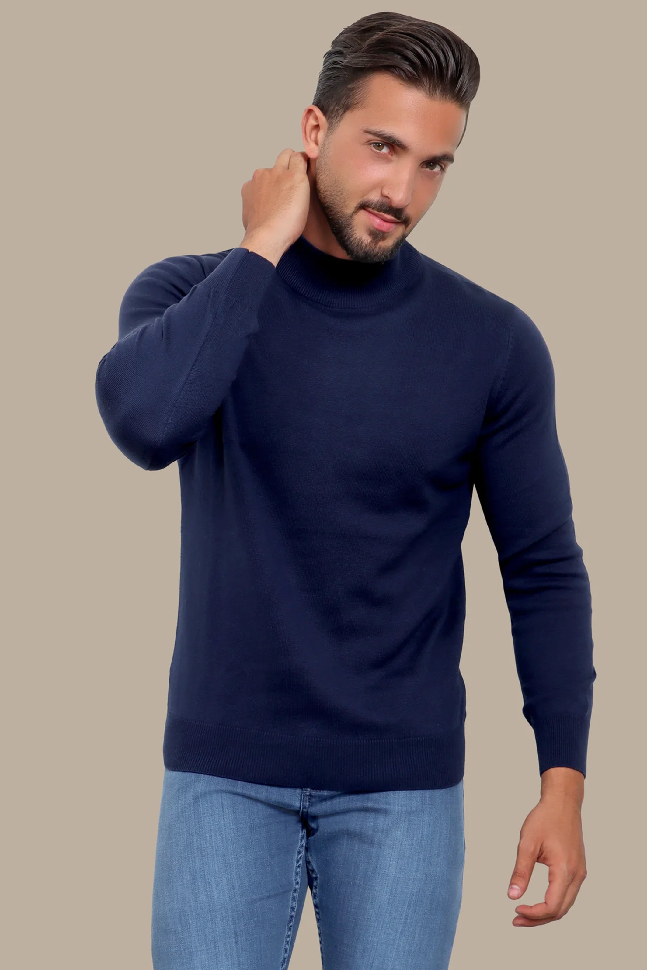 Navy High Neck Basic Sweater