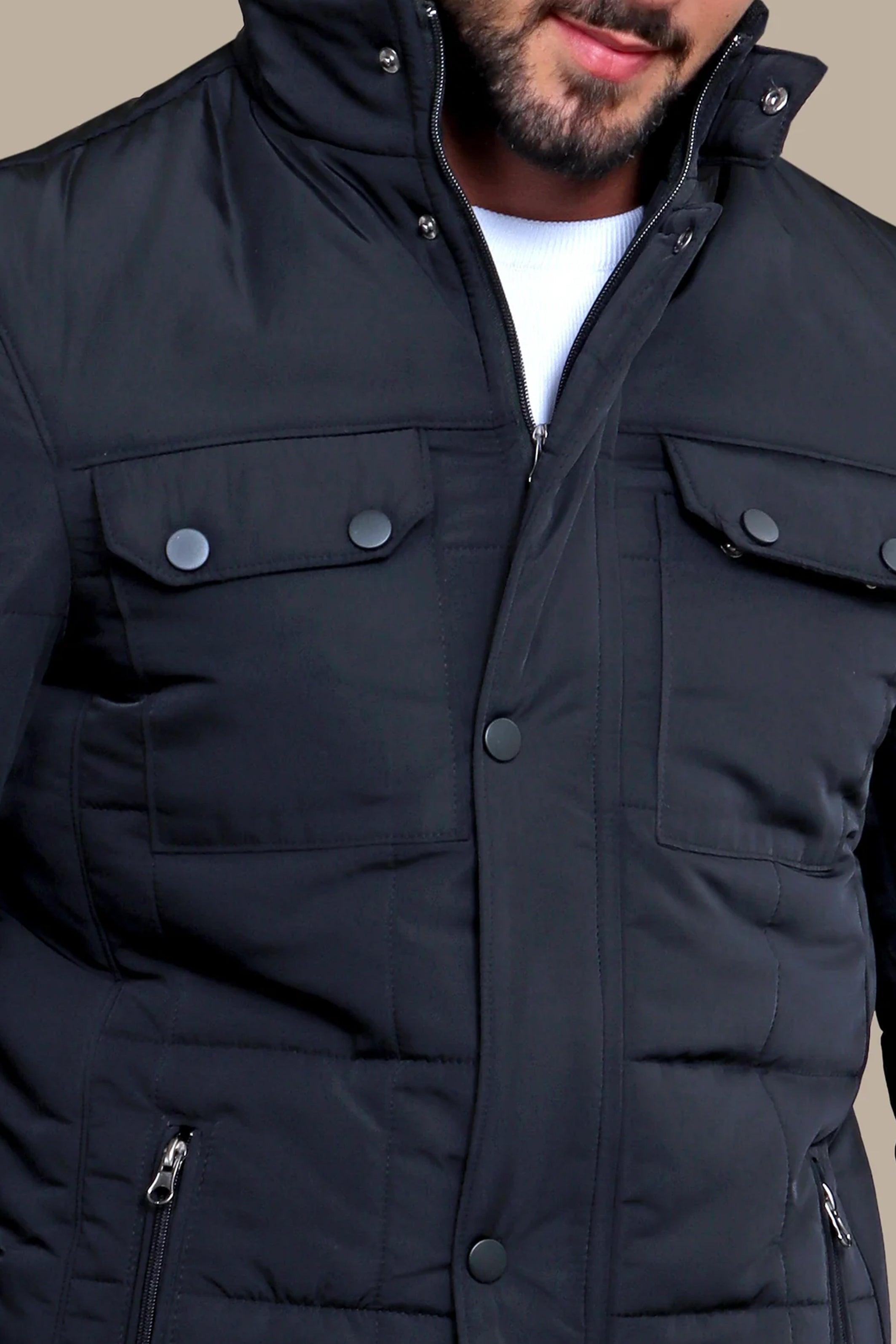 Black Puffer Jacket with Flap Pockets