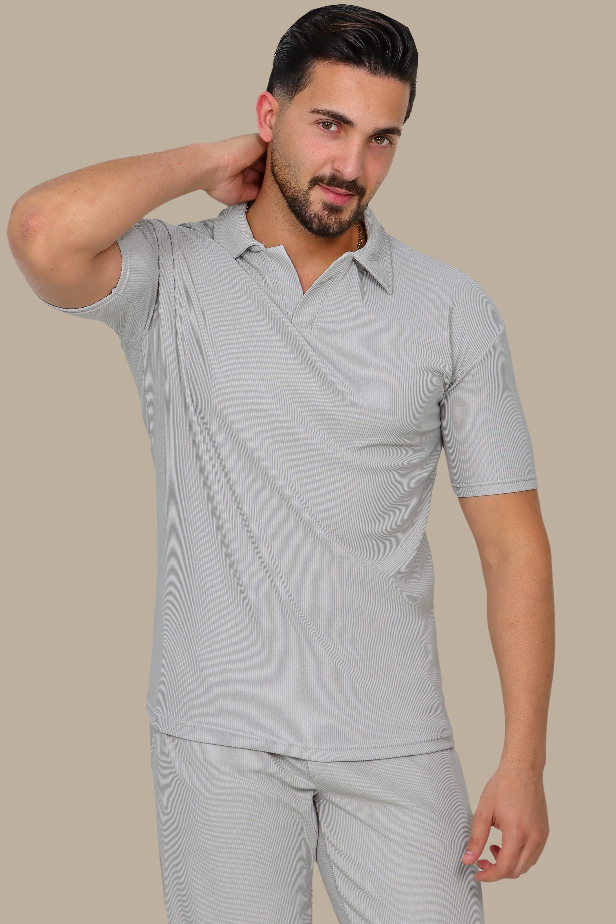Grey Ribbed Plain Polo Shirt