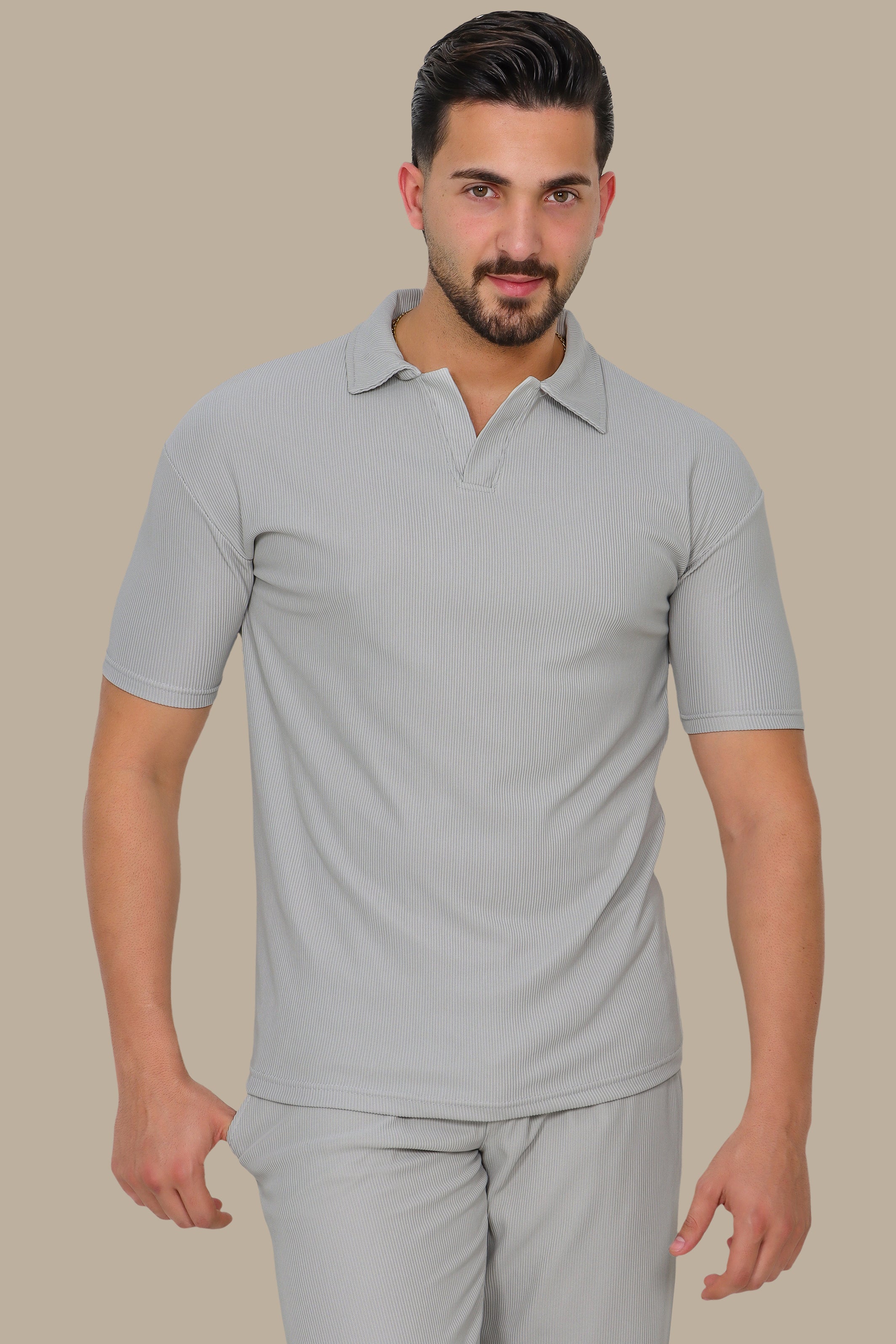 Grey Ribbed Plain Polo Shirt