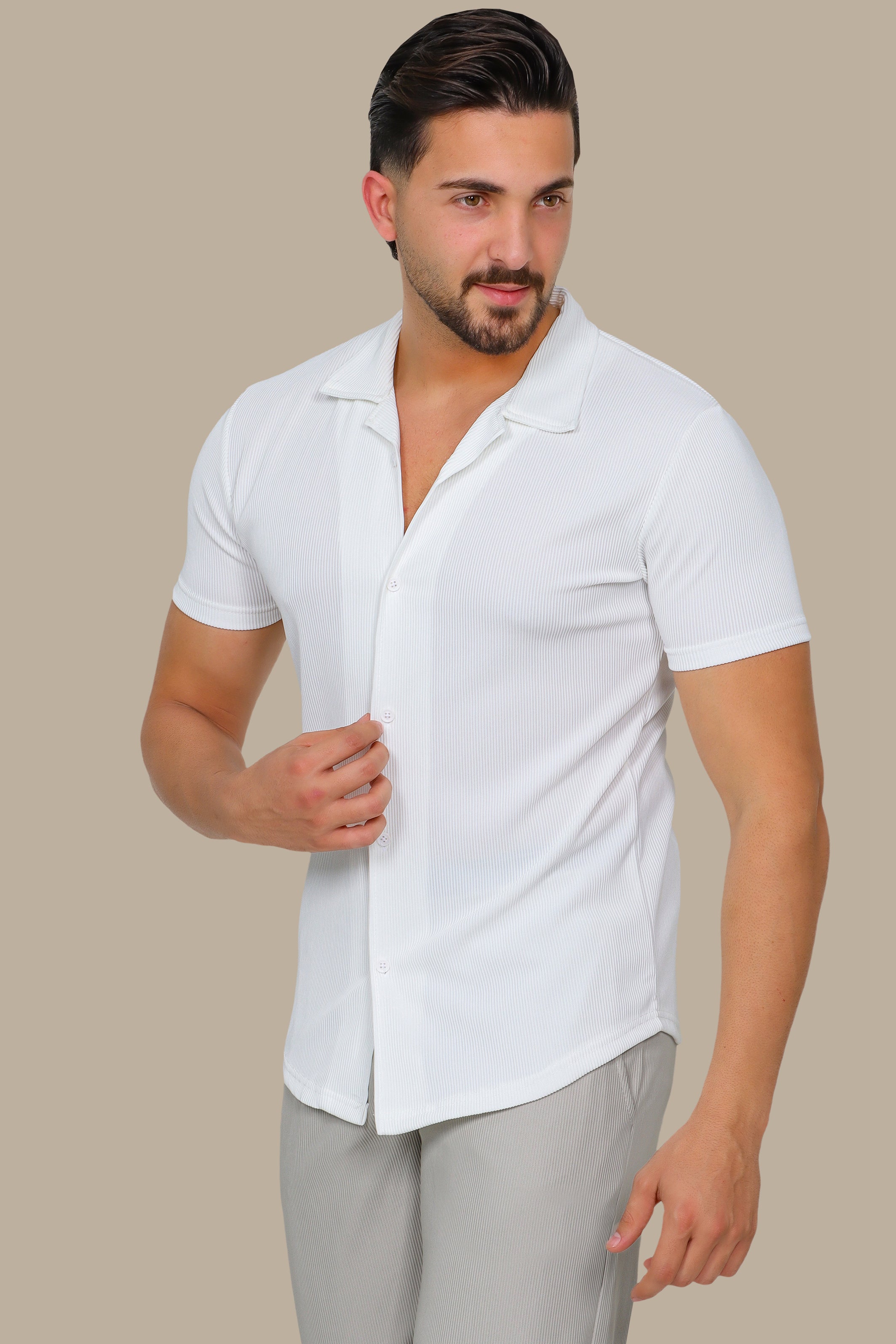 White Ribbed Plain Shirt