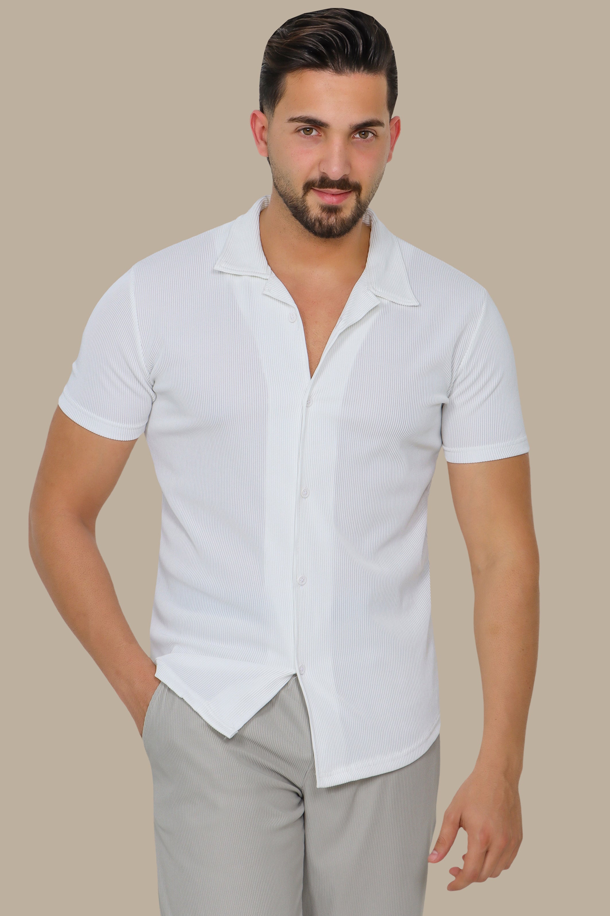 White Ribbed Plain Shirt