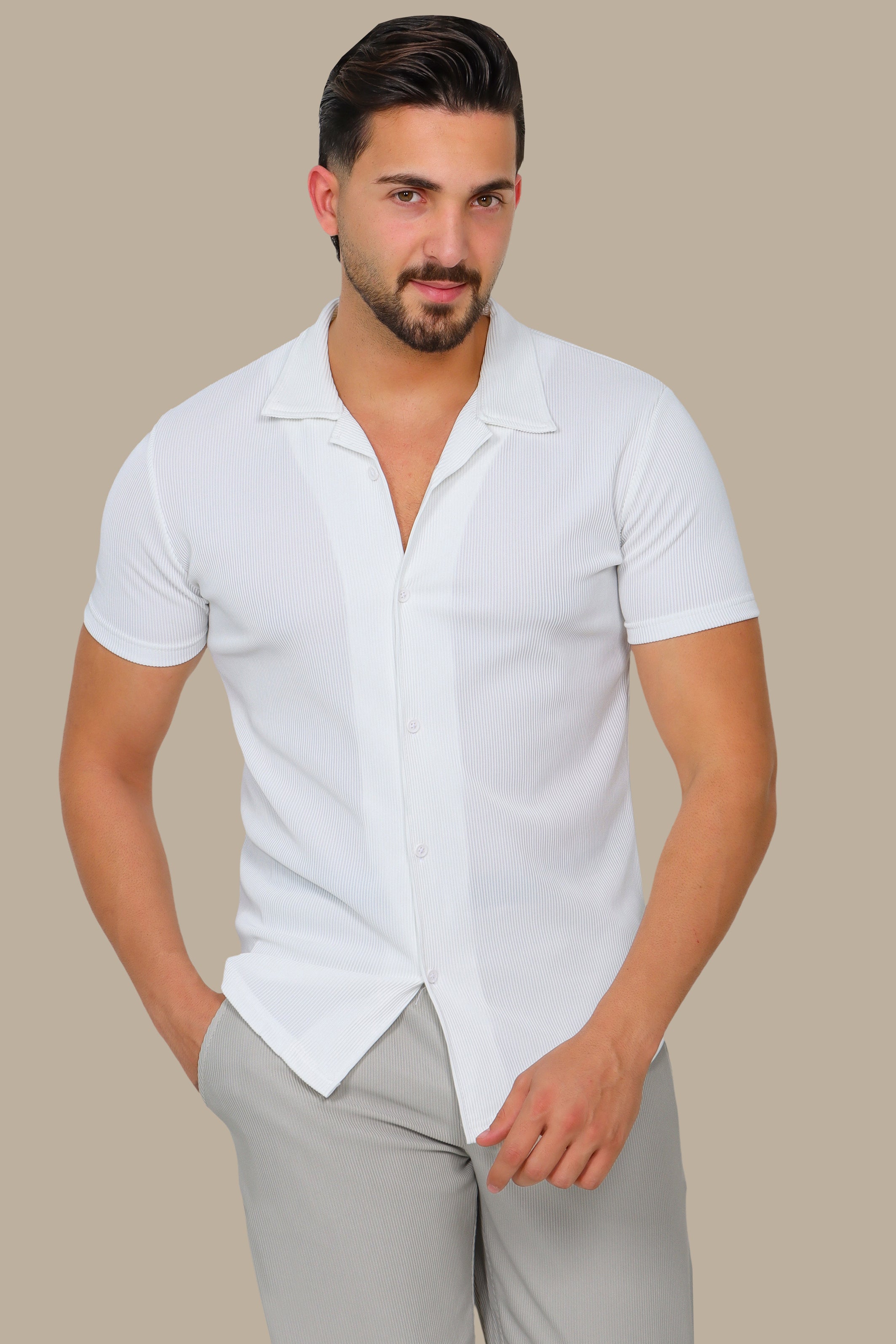 White Ribbed Plain Shirt