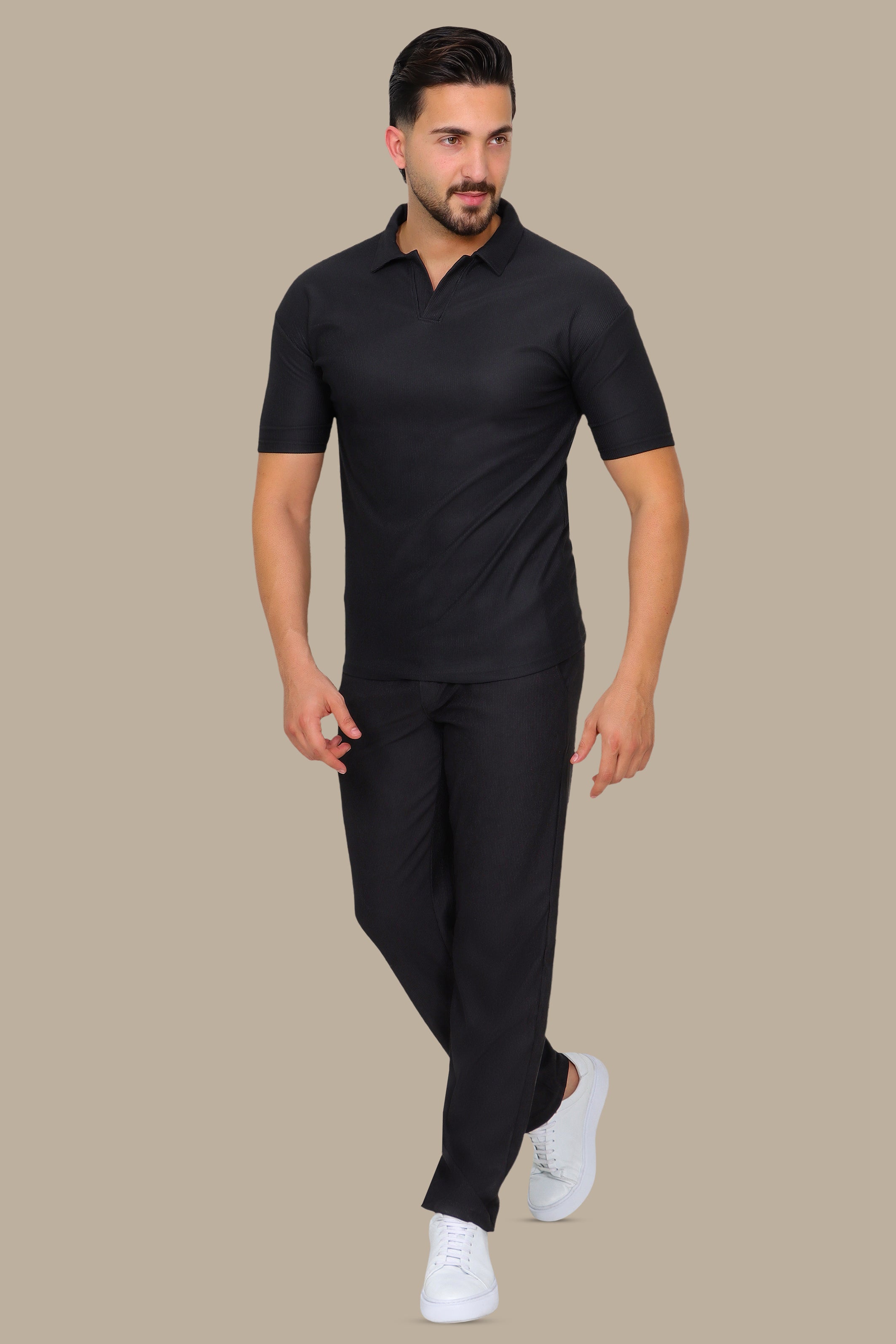 Black Ribbed Plain Polo Shirt