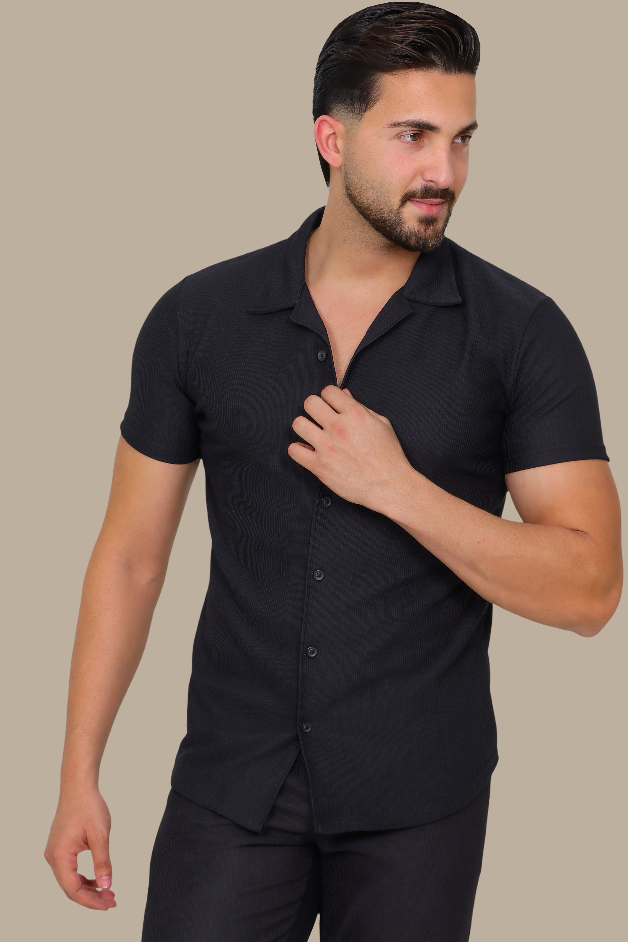 Black Ribbed Plain Shirt
