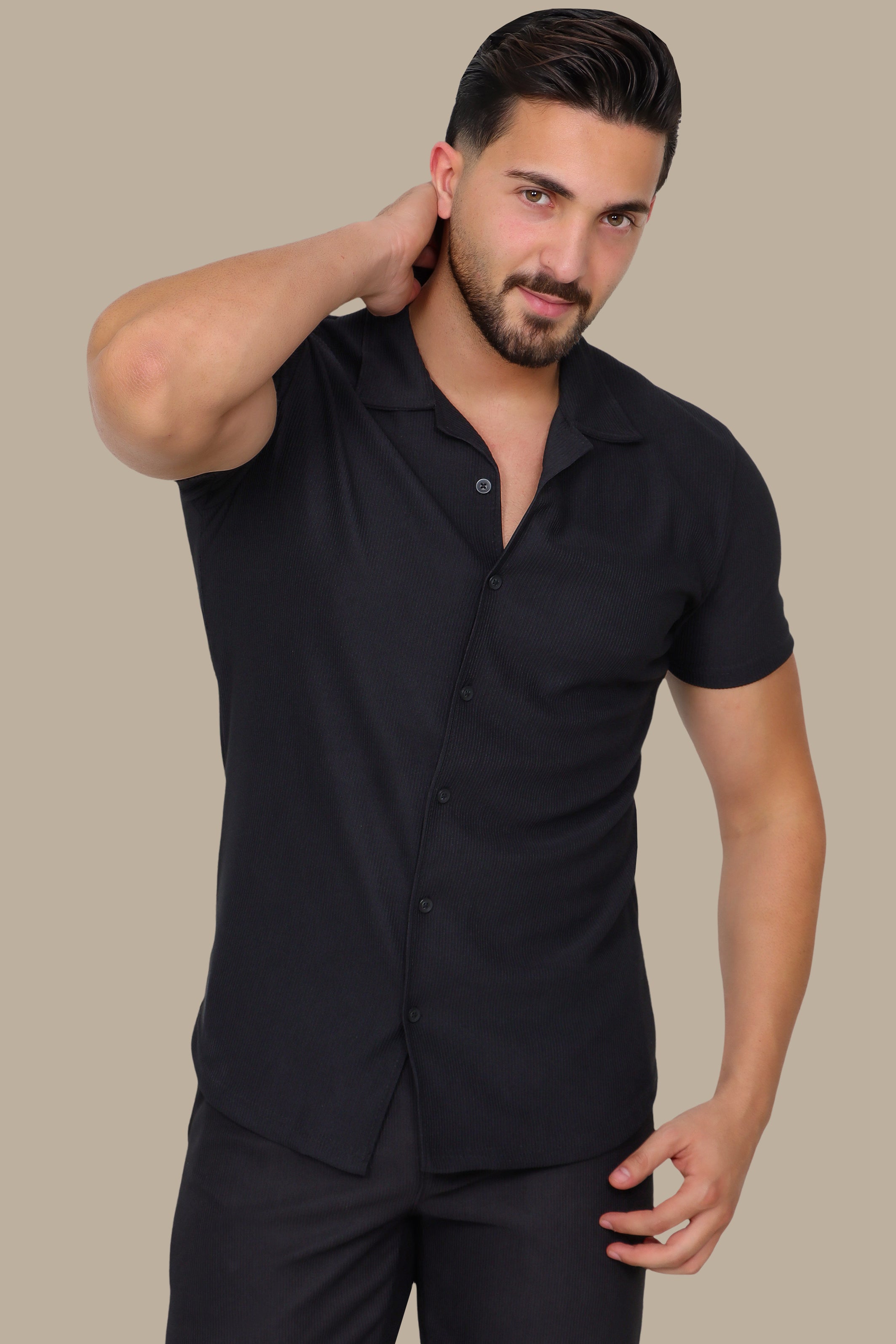 Black Ribbed Plain Shirt