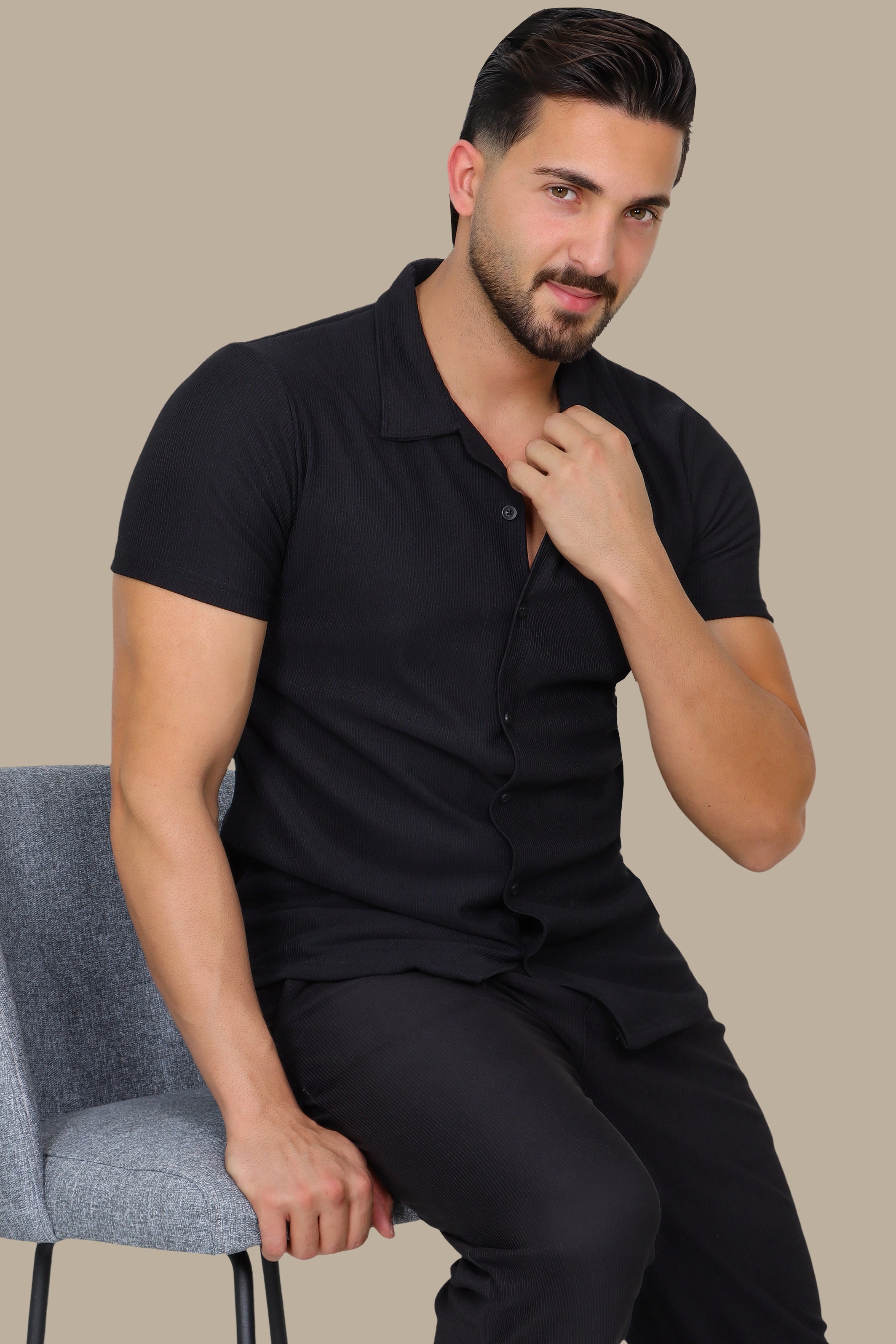 Black Ribbed Plain Shirt