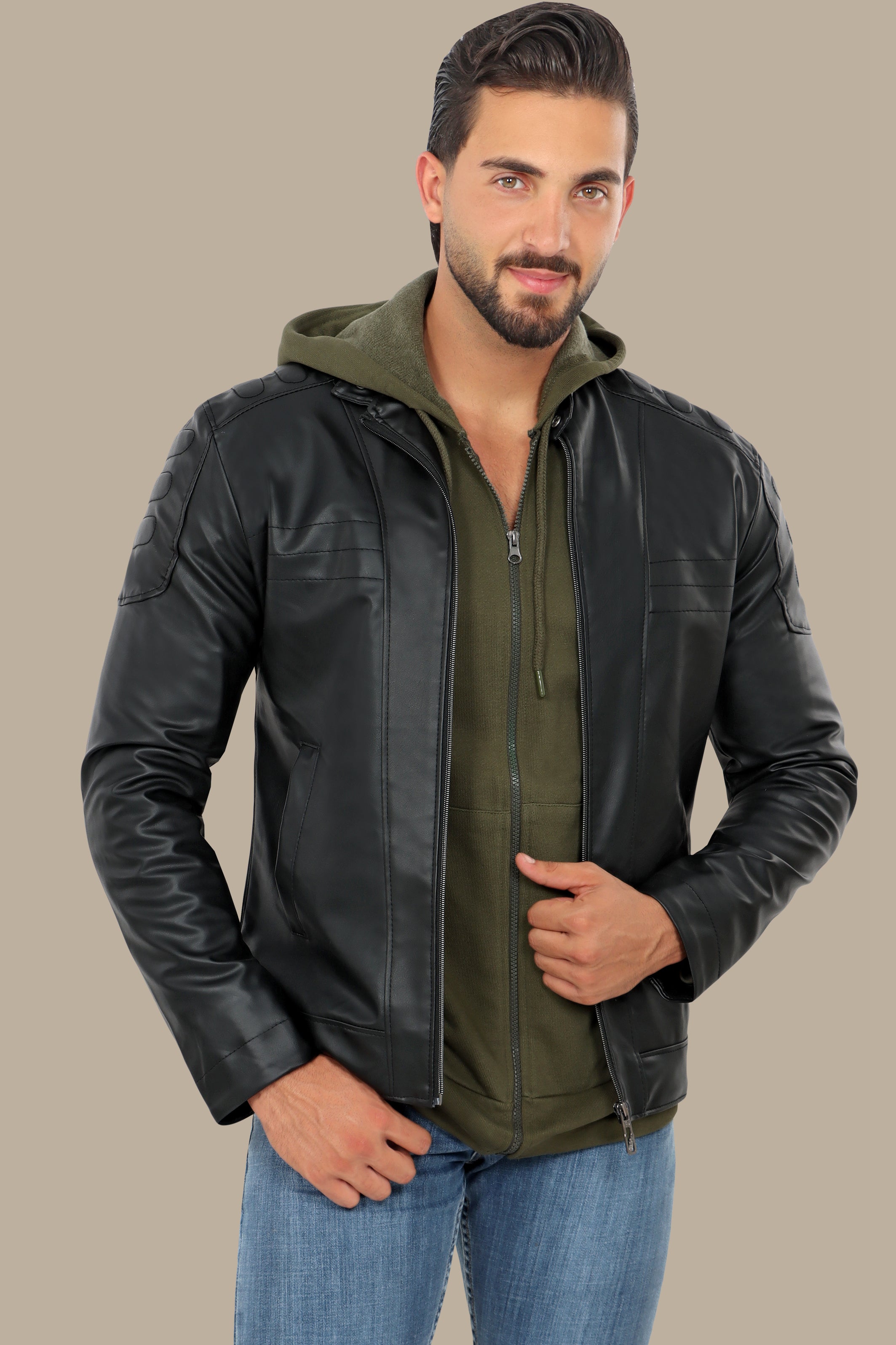 Sleek Sophistication: Black Faux Leather Biker Jacket with Mao Collar