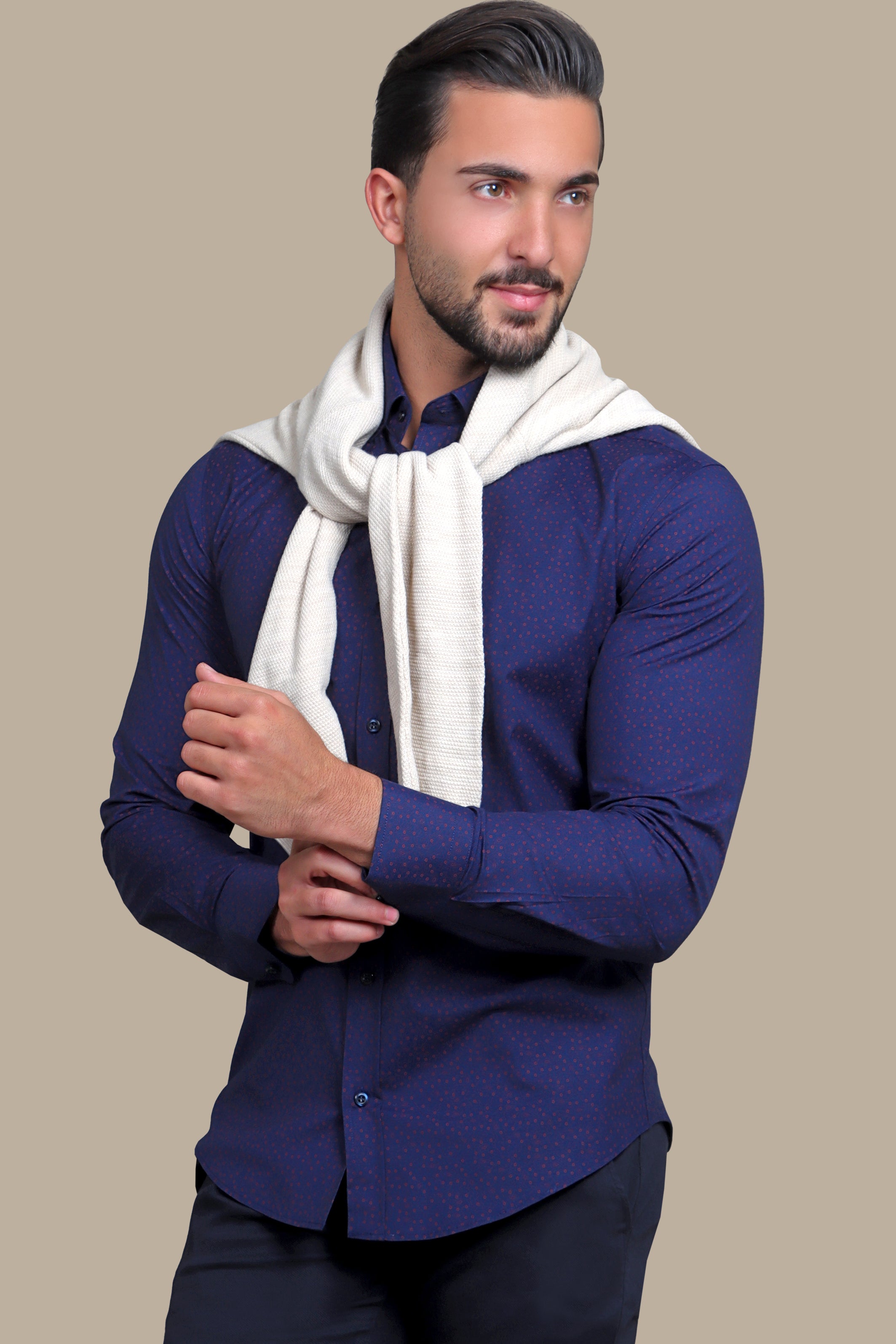Bold Elegance: Navy Red Paisley Print Lycra Shirt