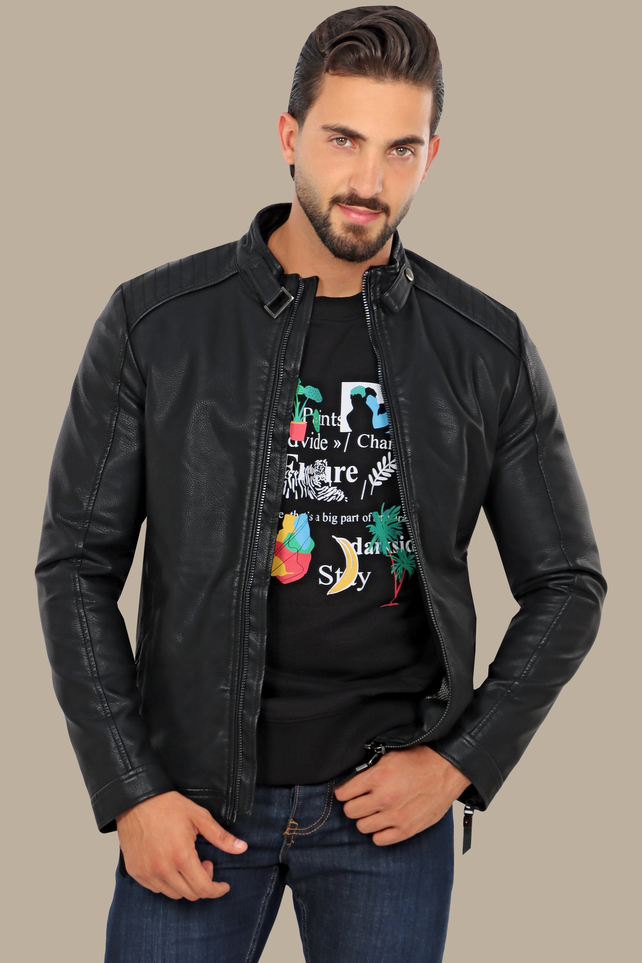 Black Leather Jacket with Mao Collar and Buckle Detail