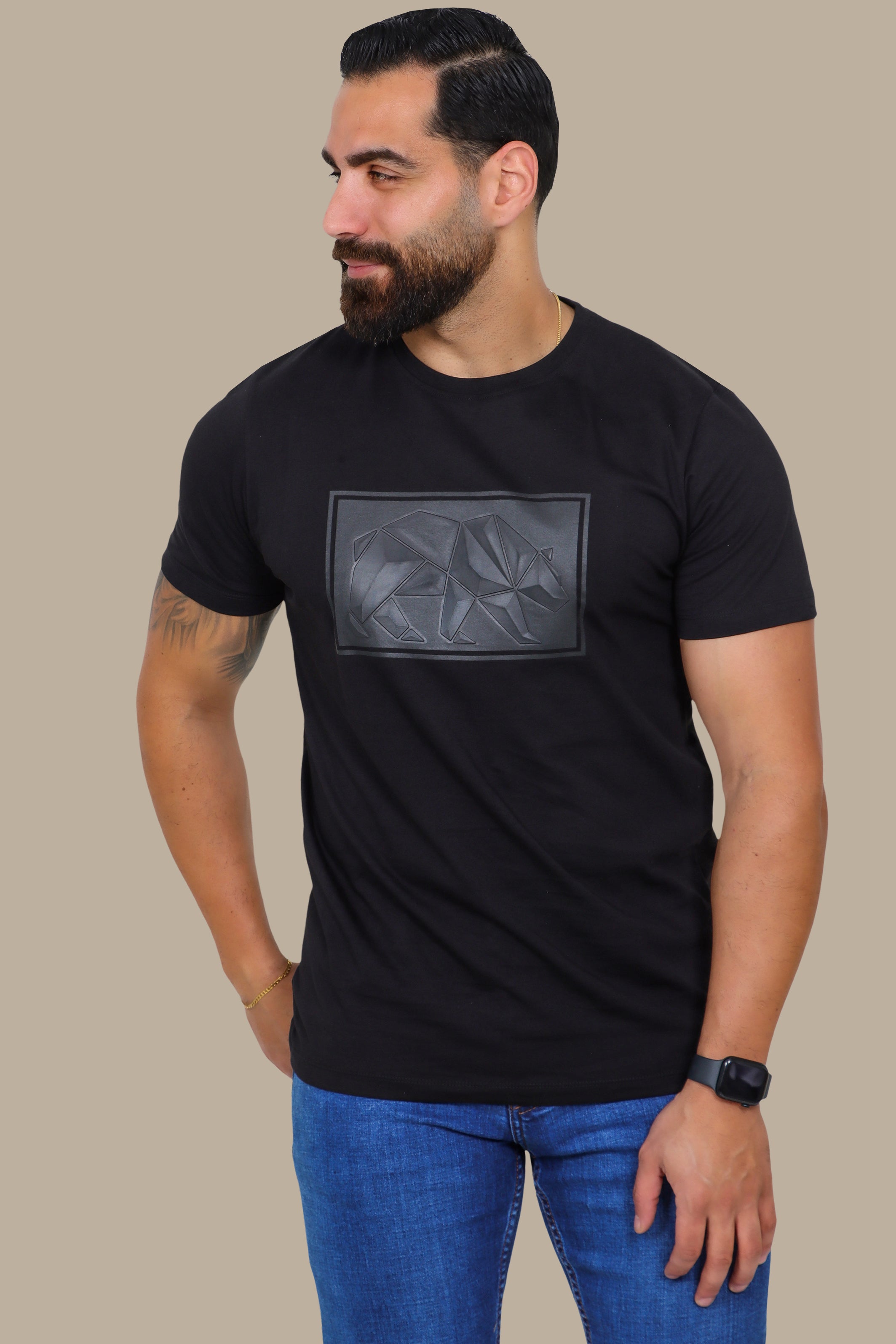 Black T-Shirt with Geometric Bear Print