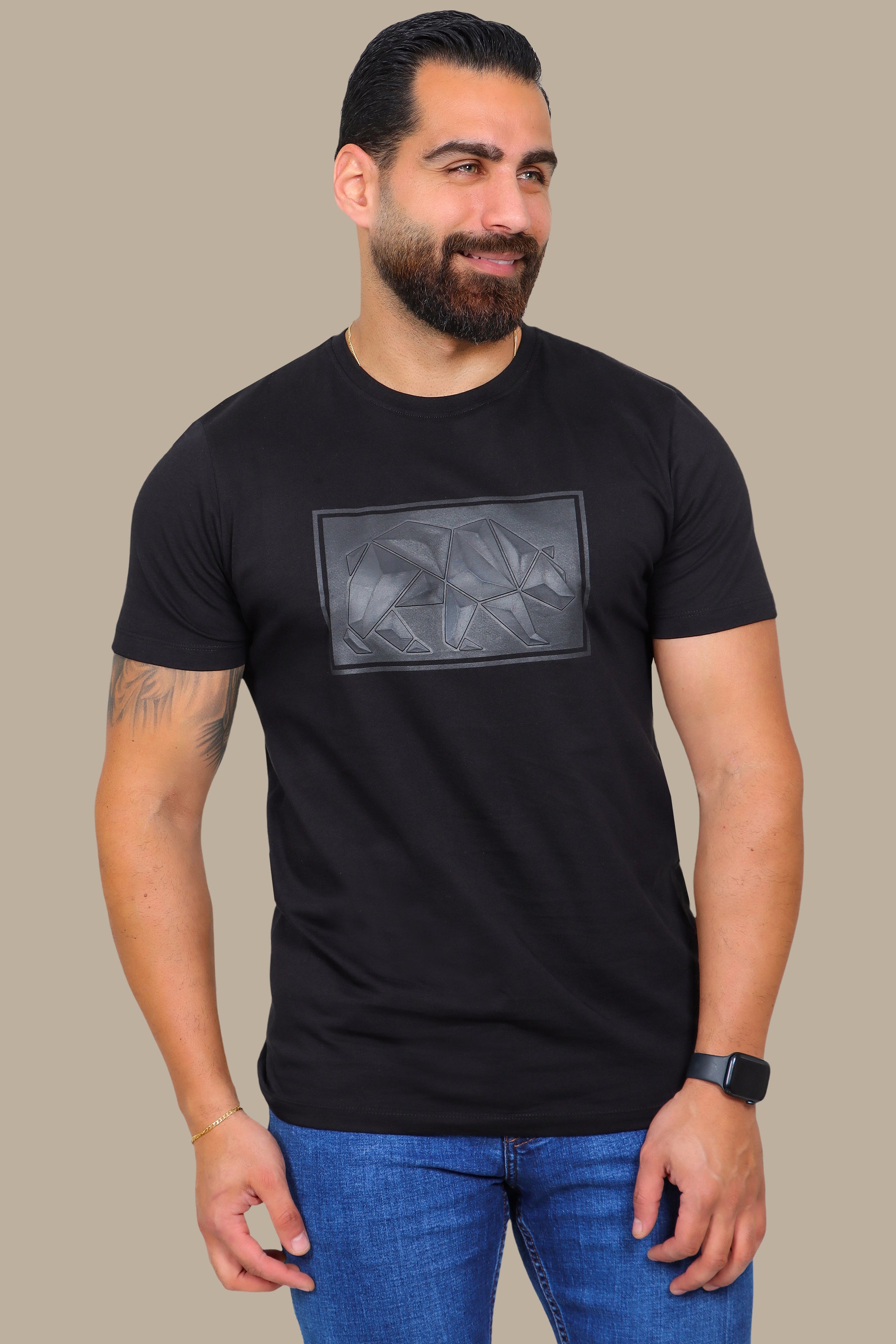 Black T-Shirt with Geometric Bear Print