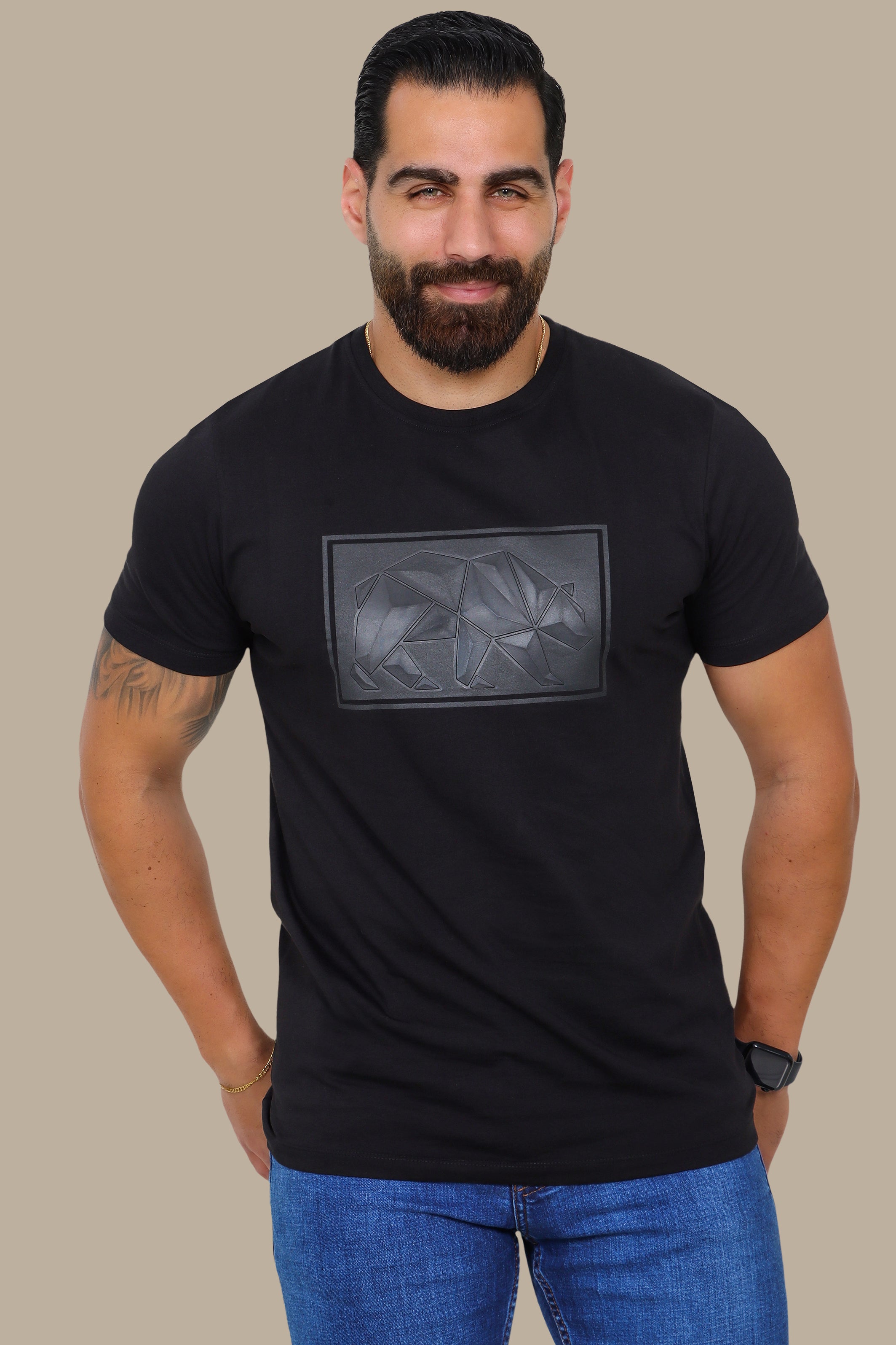 Black T-Shirt with Geometric Bear Print