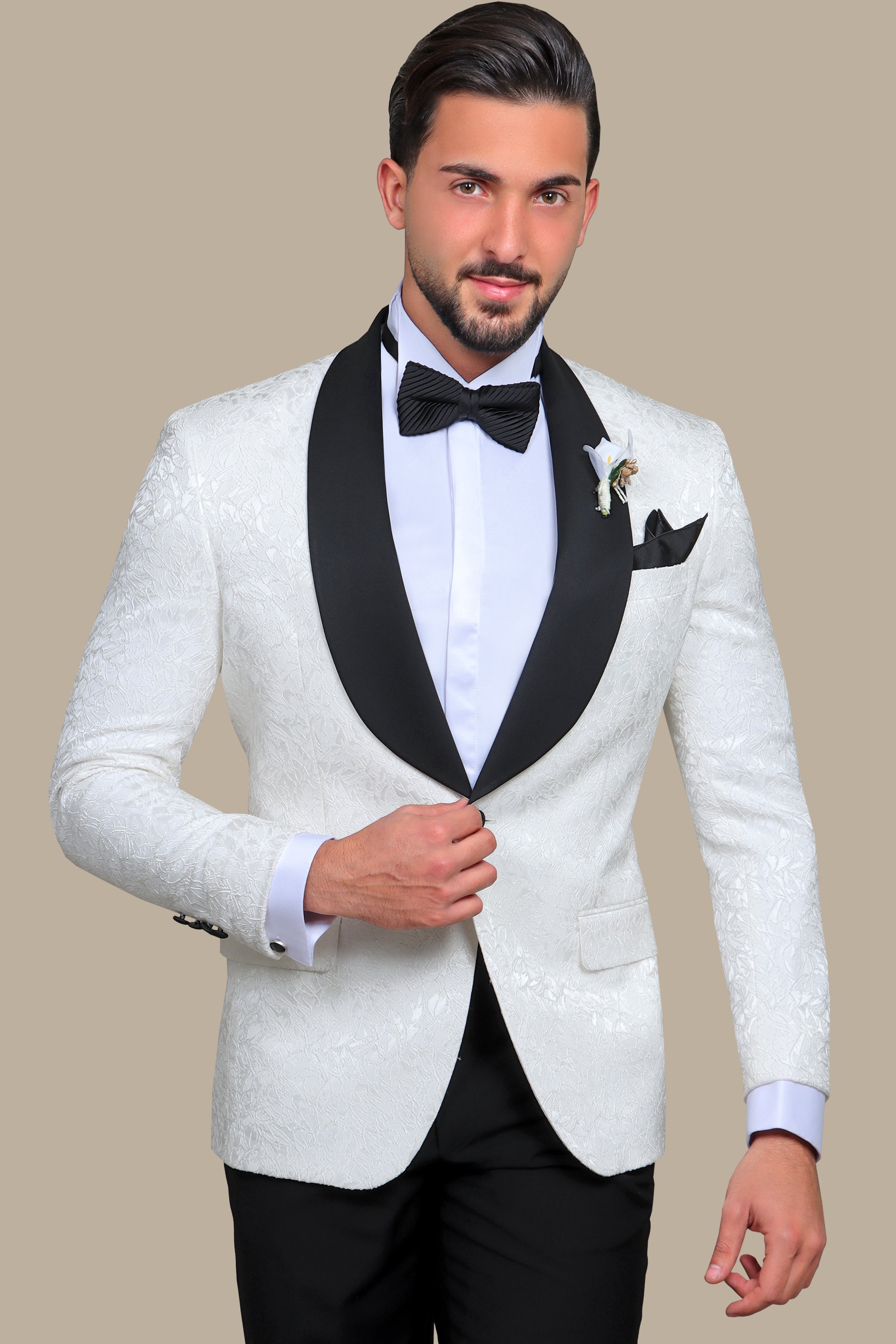White Leaves Jacquard Shawl Collar Tuxedo