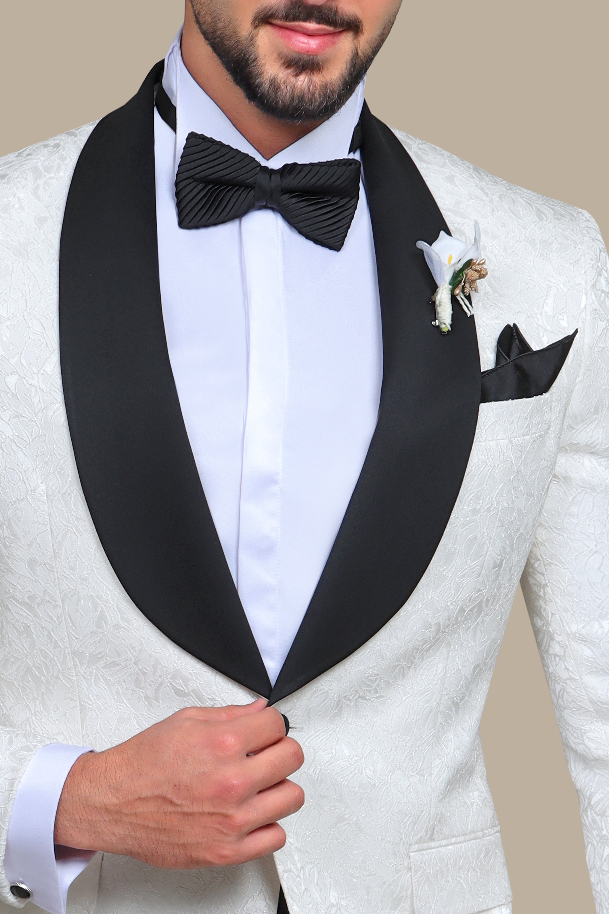 White Leaves Jacquard Shawl Collar Tuxedo