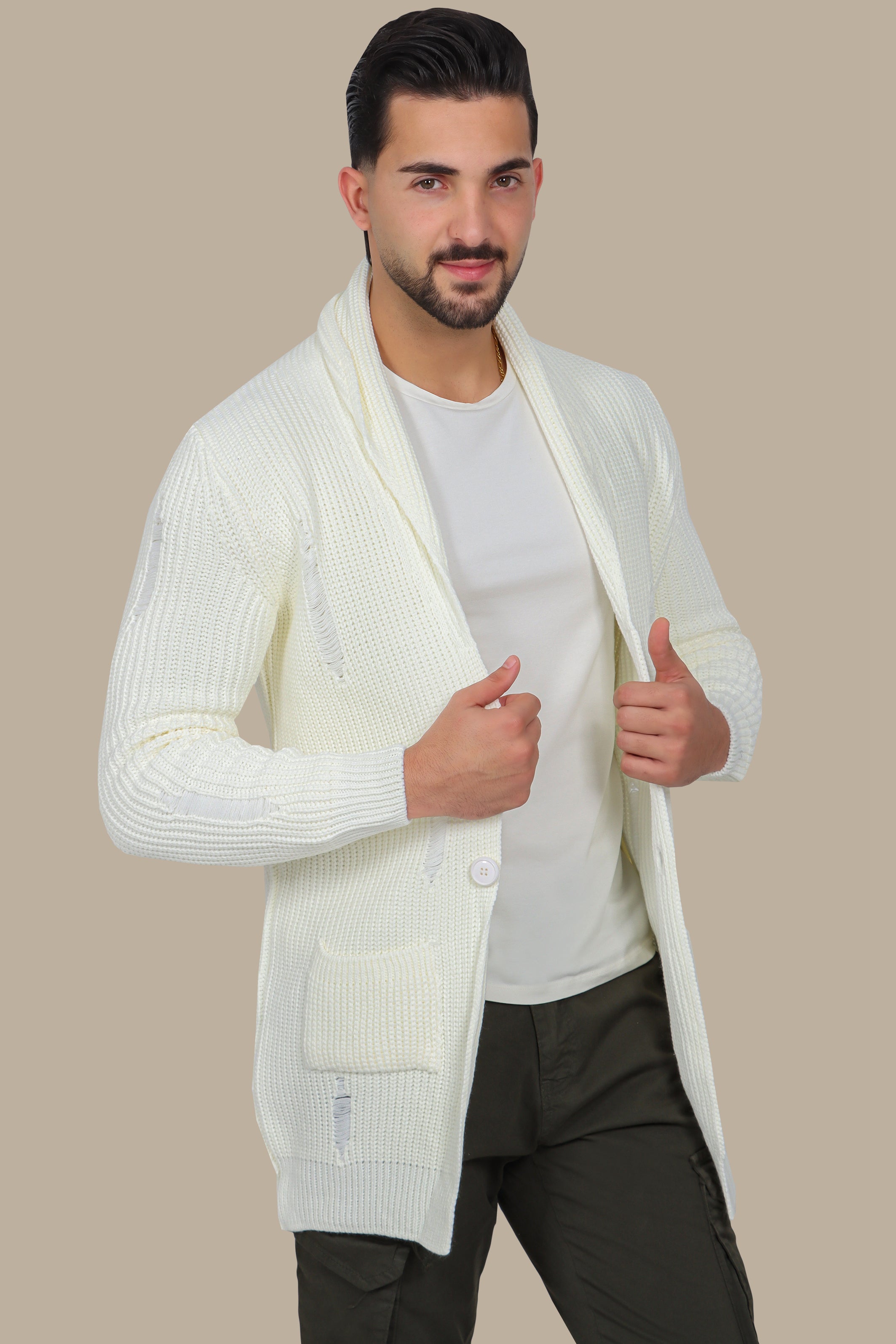Long White Cardigan with Distressed Collar
