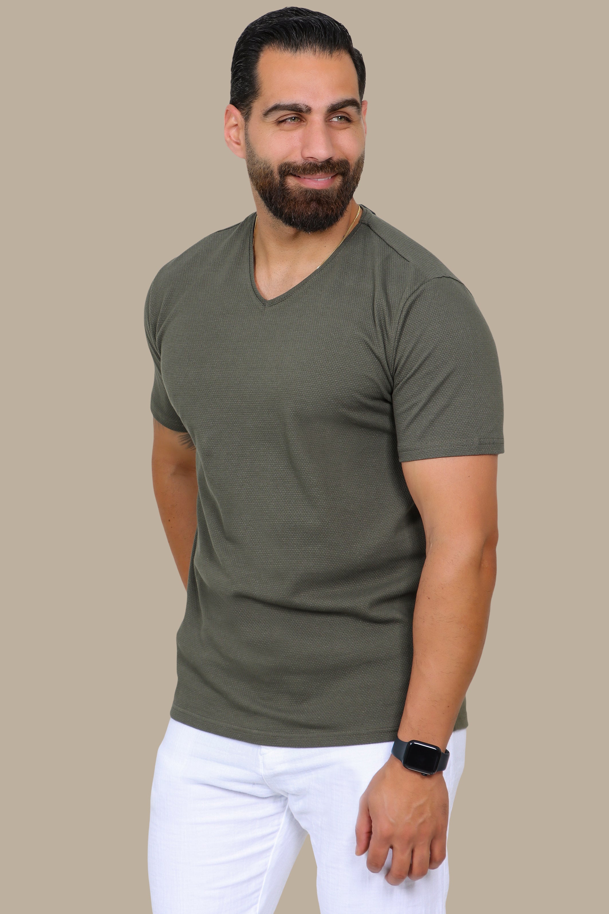 Khaki V-Neck T-Shirt with Bubble Pattern