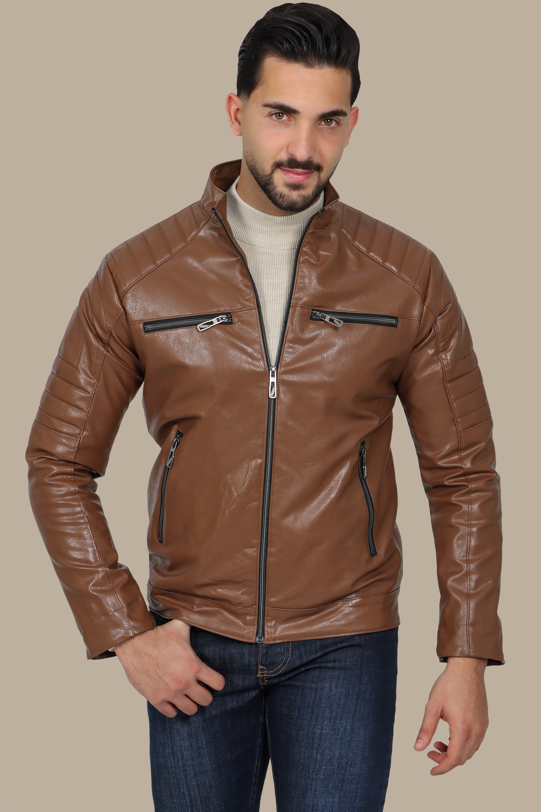 Havane Faux Biker Jacket with 4 Zippers