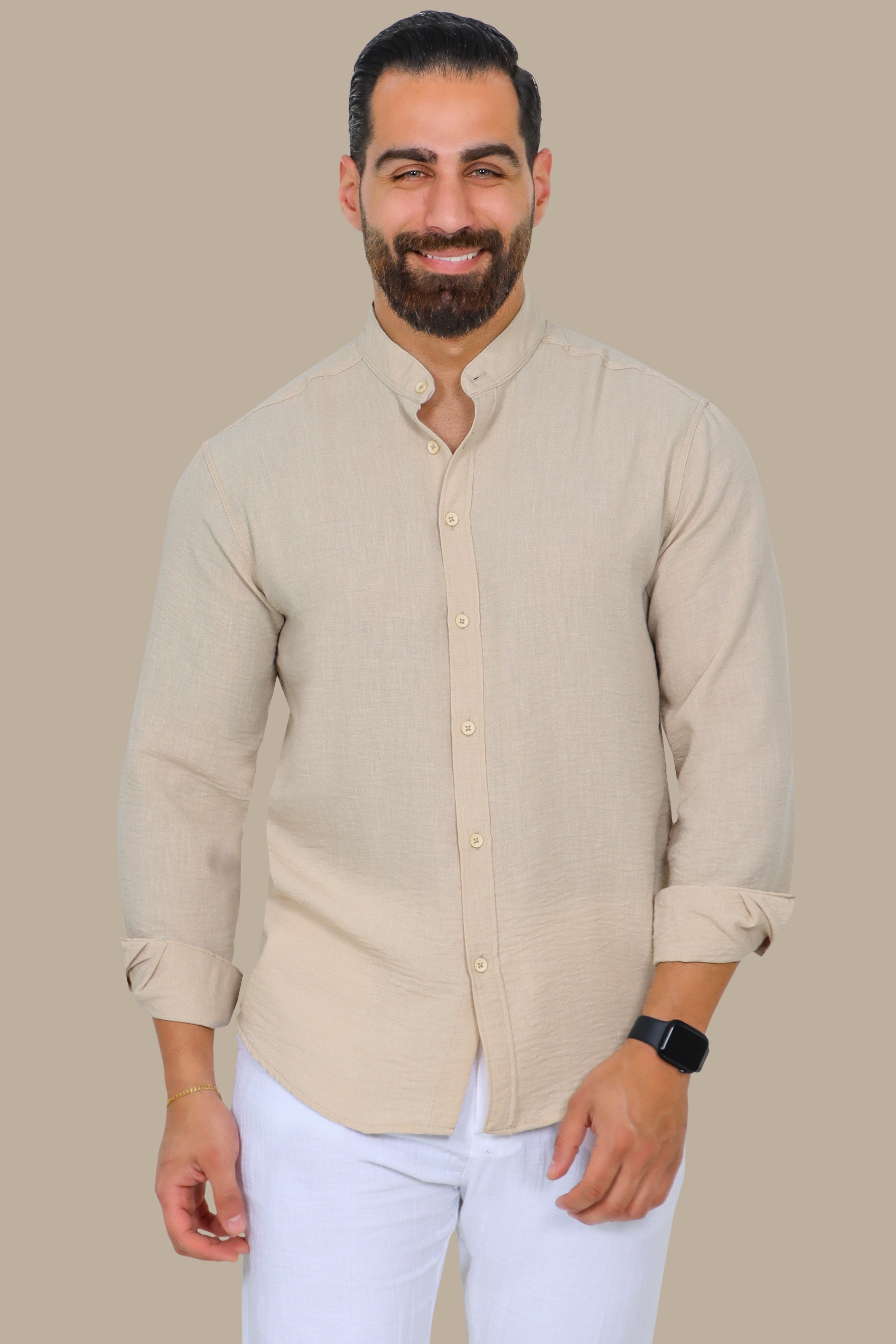 Beige Linen Aerobin Shirt with Mao Collar