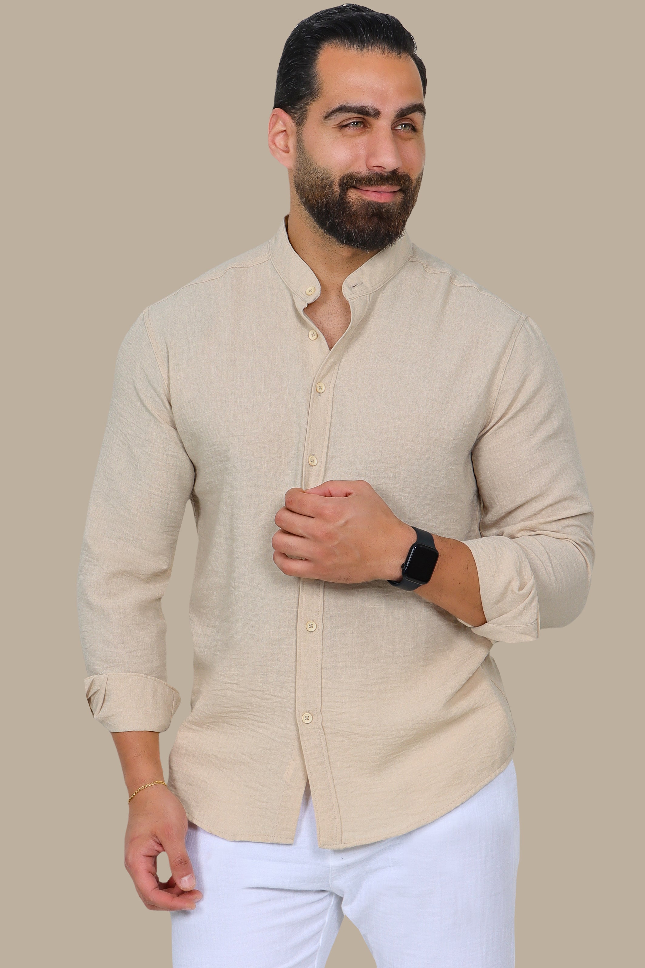 Beige Linen Aerobin Shirt with Mao Collar