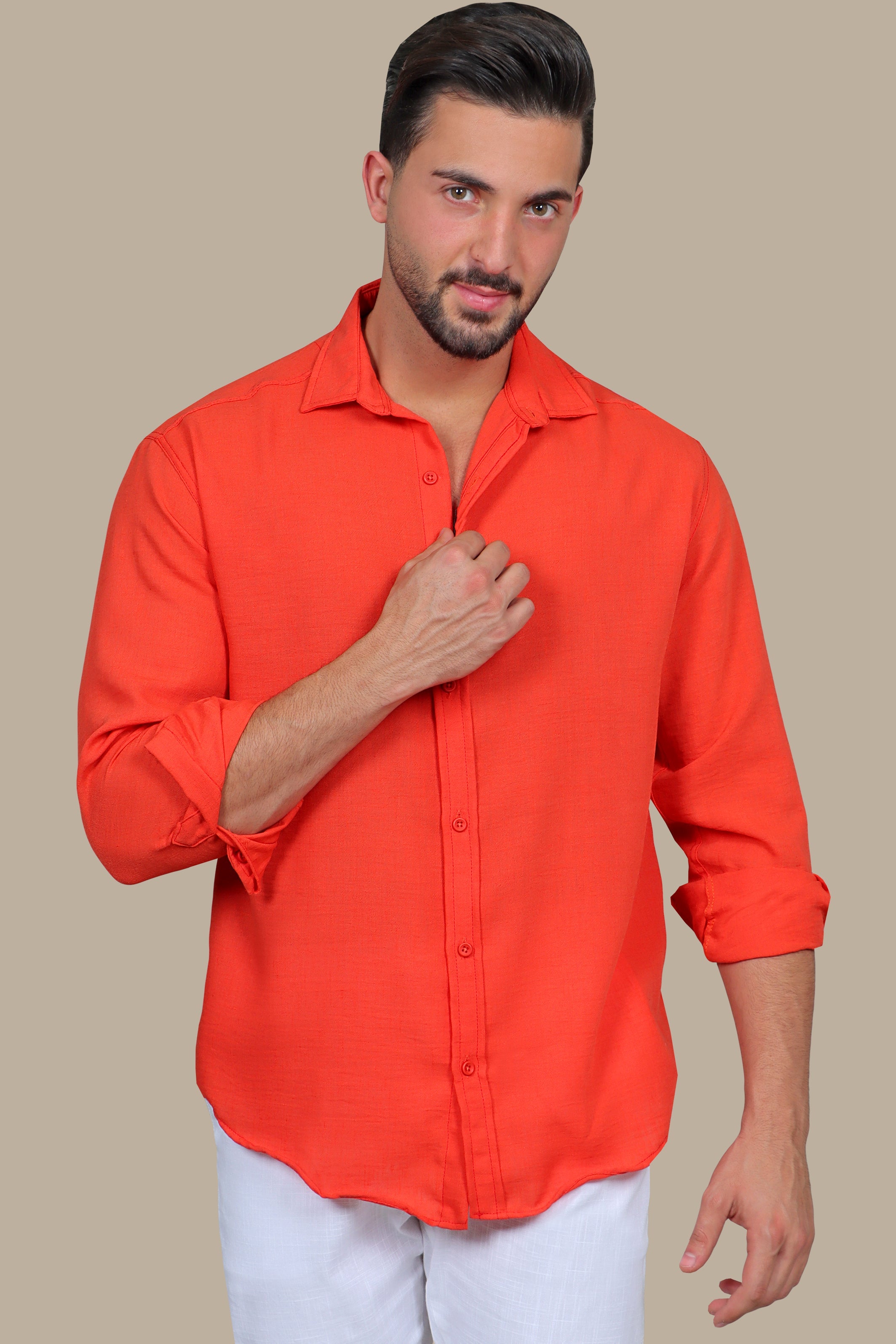 Coral Comfort: Long Sleeve Plain Linen Shirt