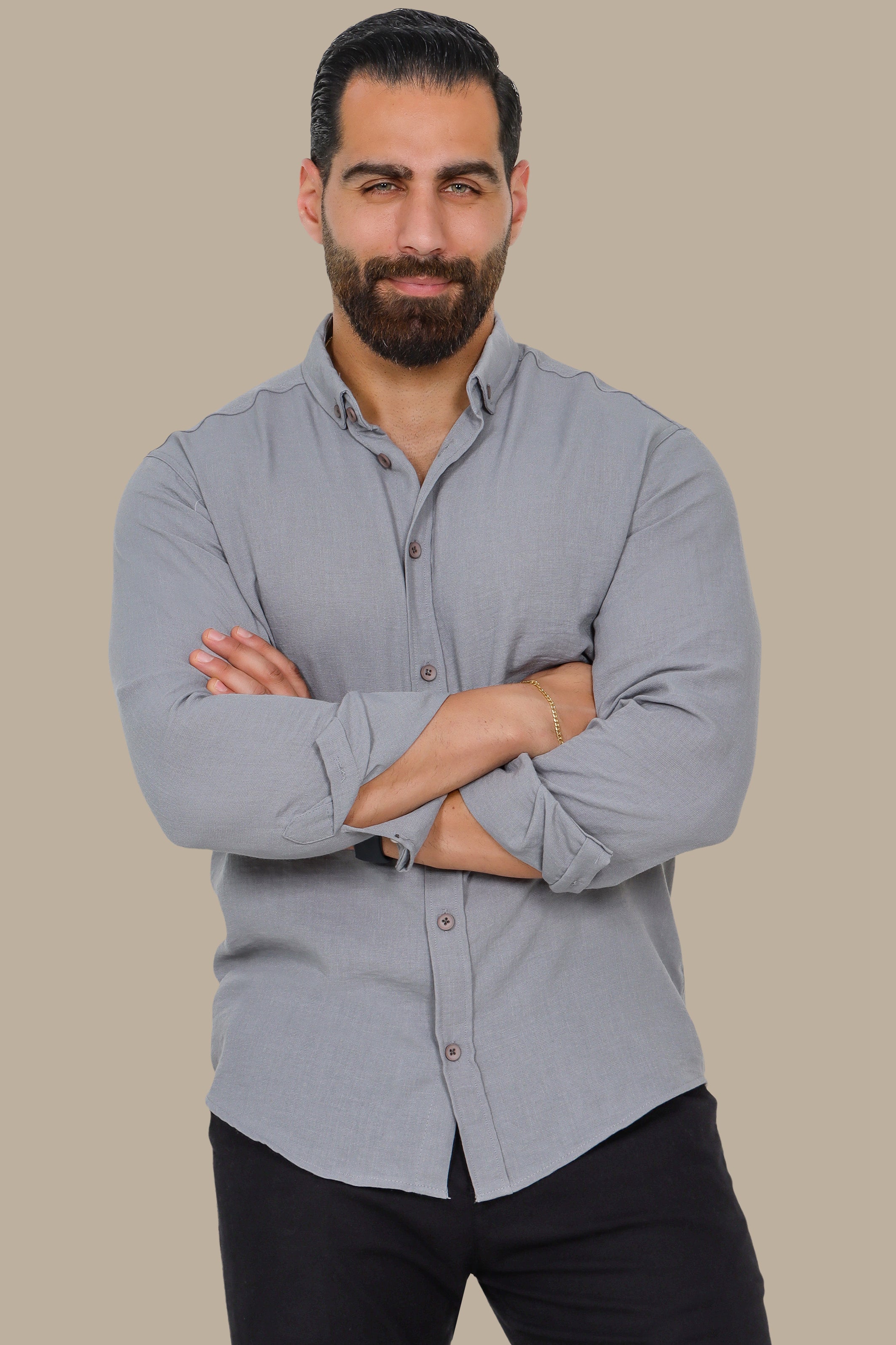 Grey Linen Aerobin Button-Down Shirt