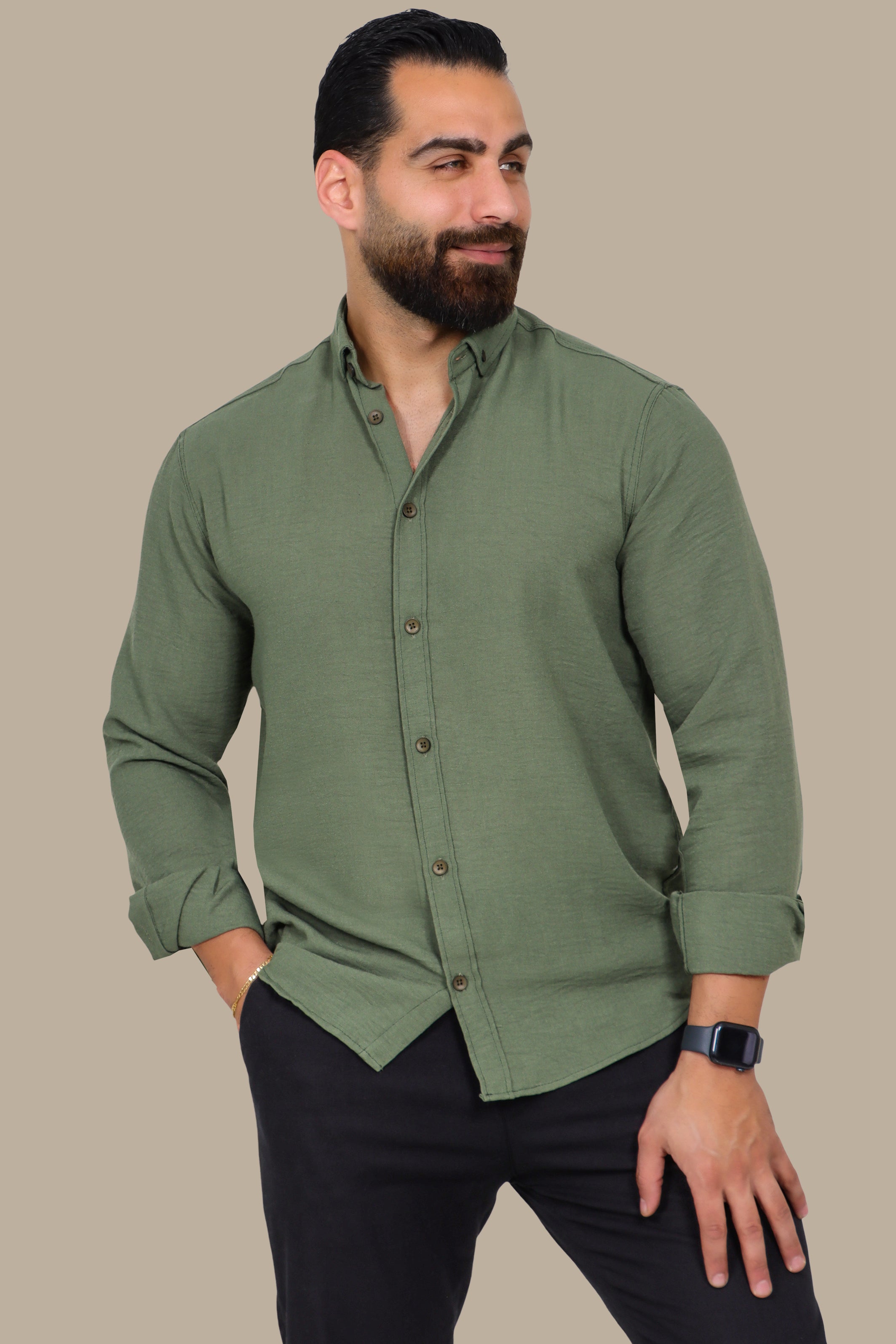 Khaki Linen Aerobin Button-Down Shirt