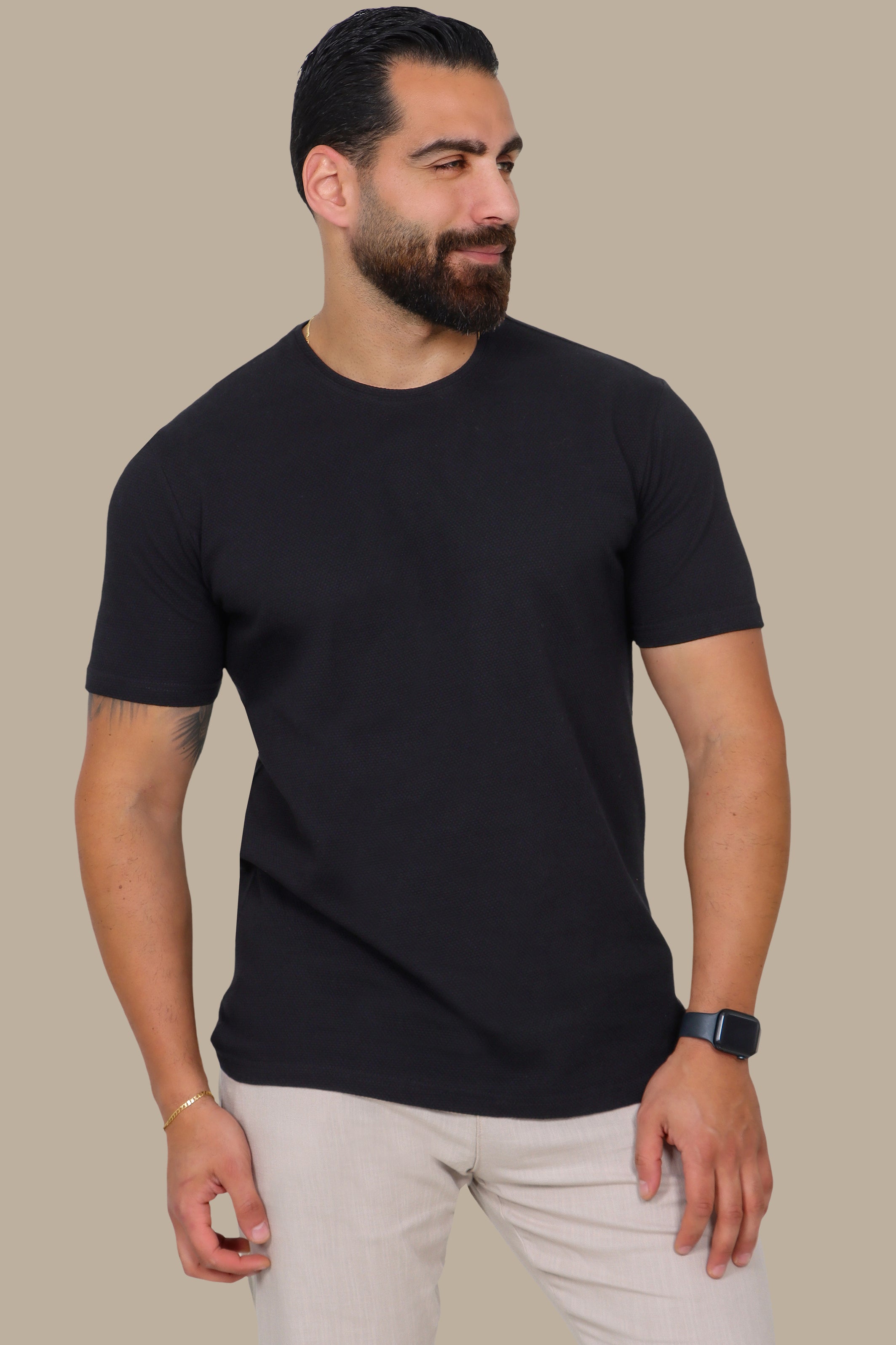 Black T-Shirt with Bubble Pattern and Round Neck