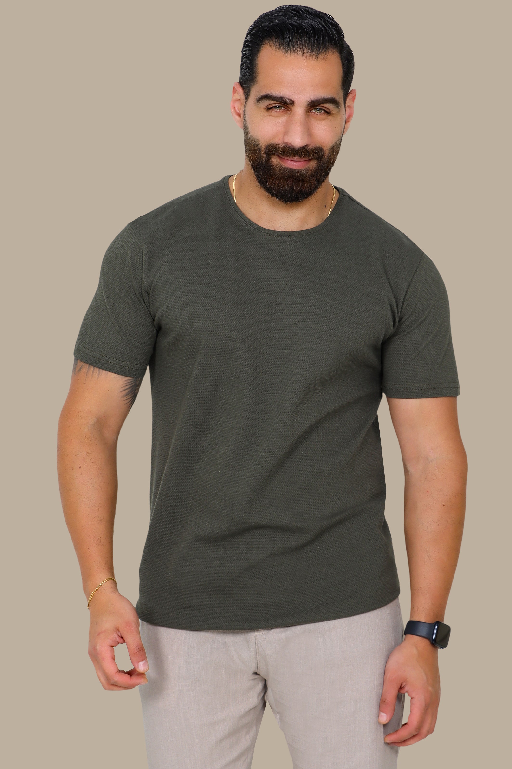 Khaki T-Shirt with Bubble Pattern and Round Neck