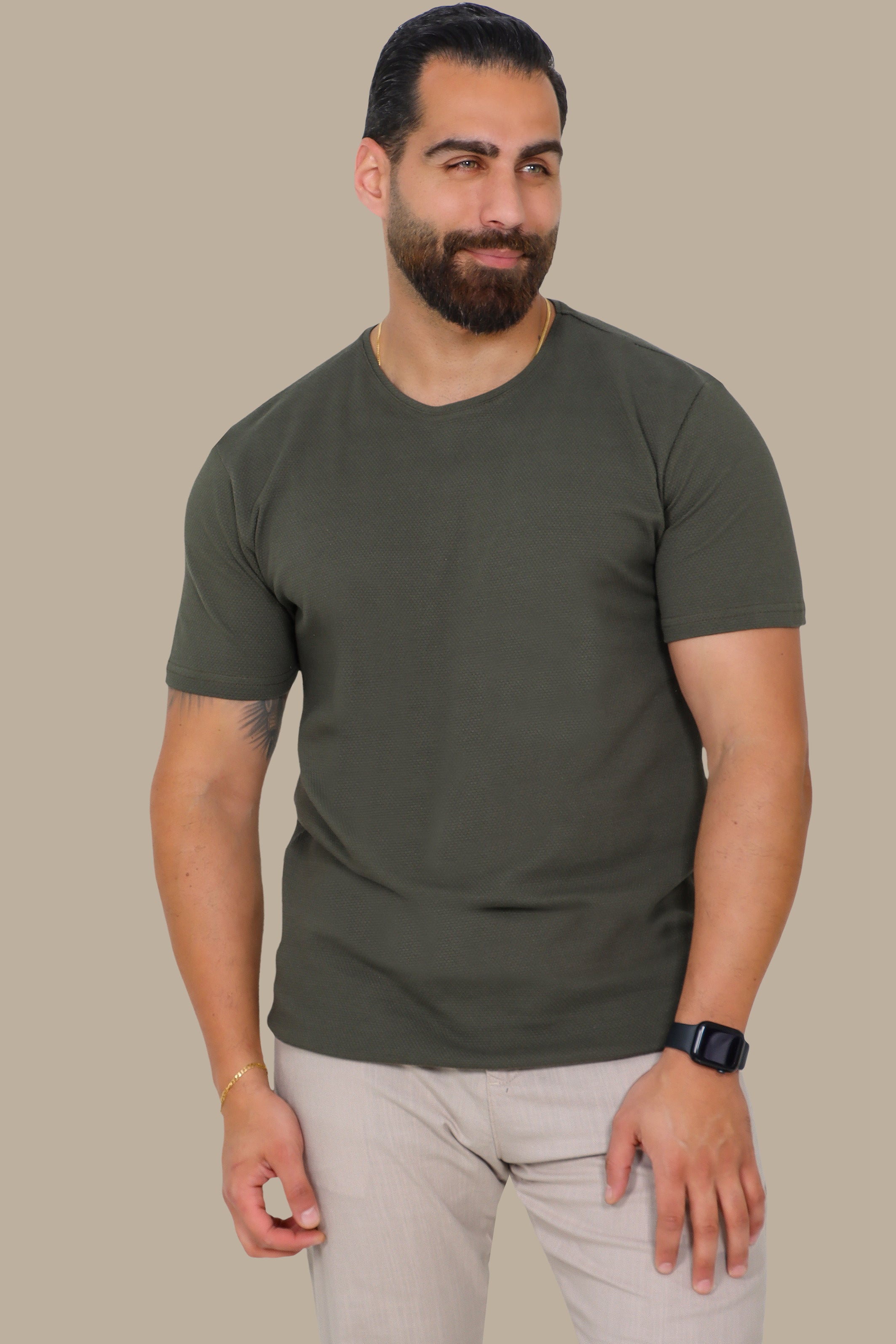 Khaki T-Shirt with Bubble Pattern and Round Neck