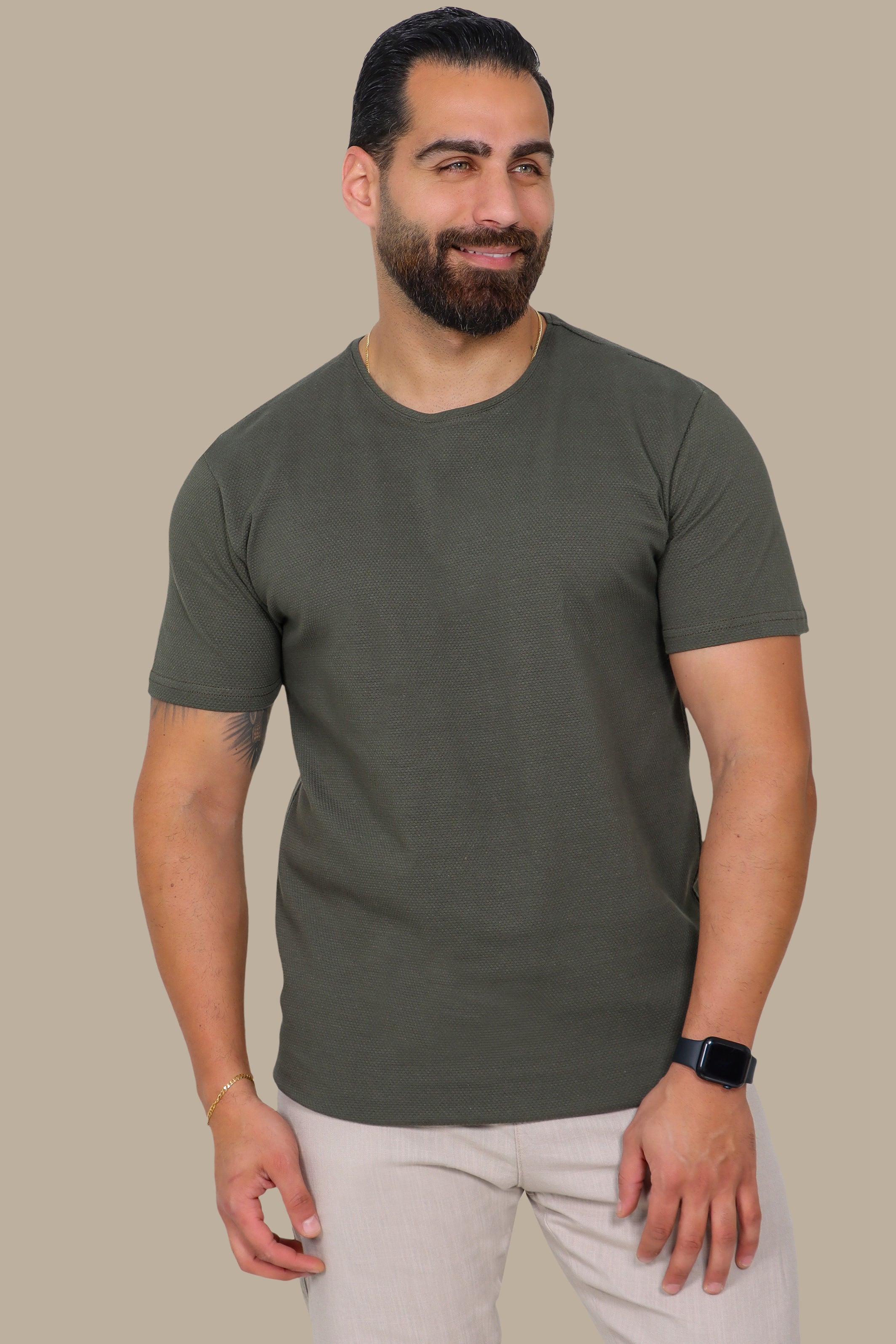 Khaki T-Shirt with Bubble Pattern and Round Neck