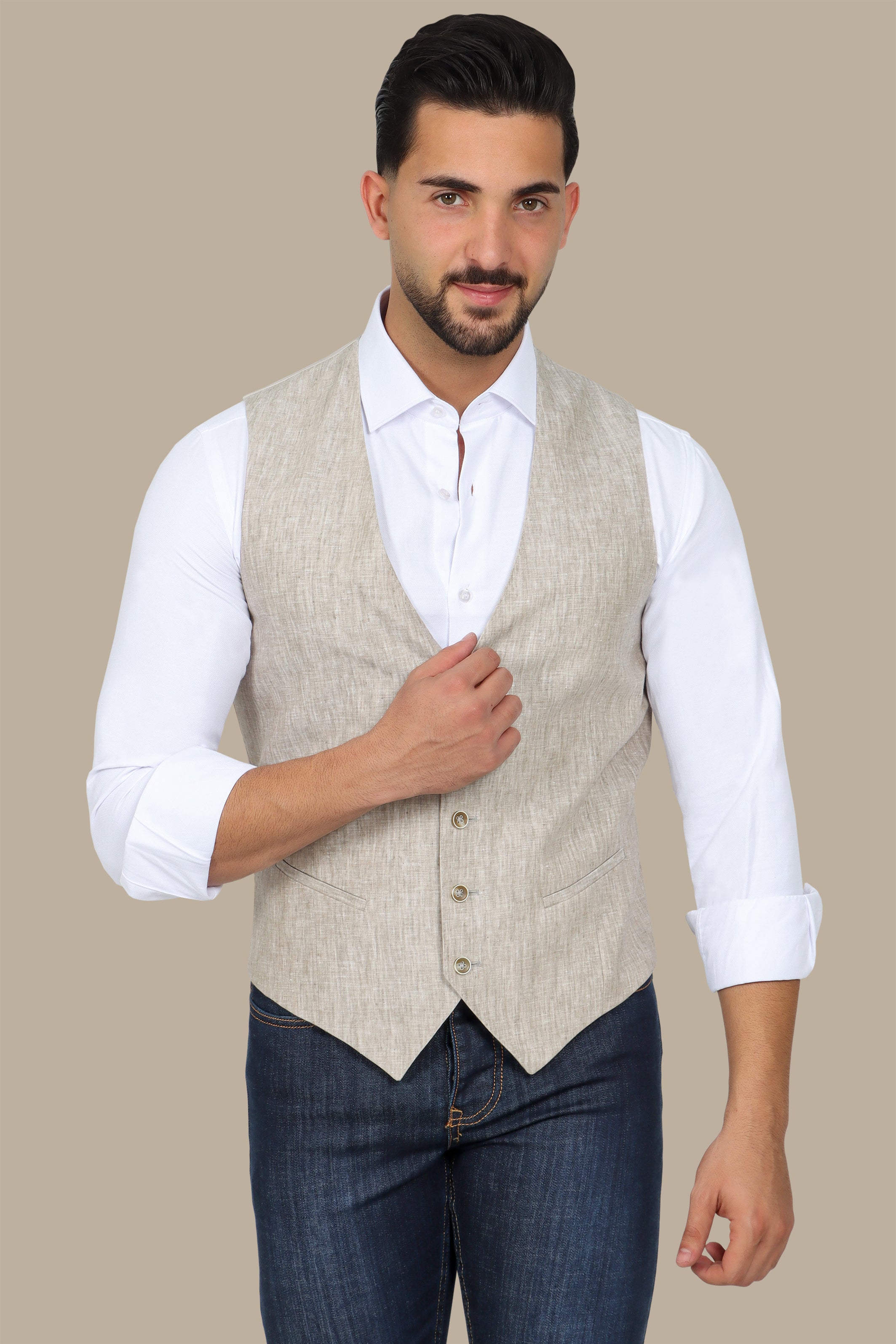 Beige Linen V-Neck Vest