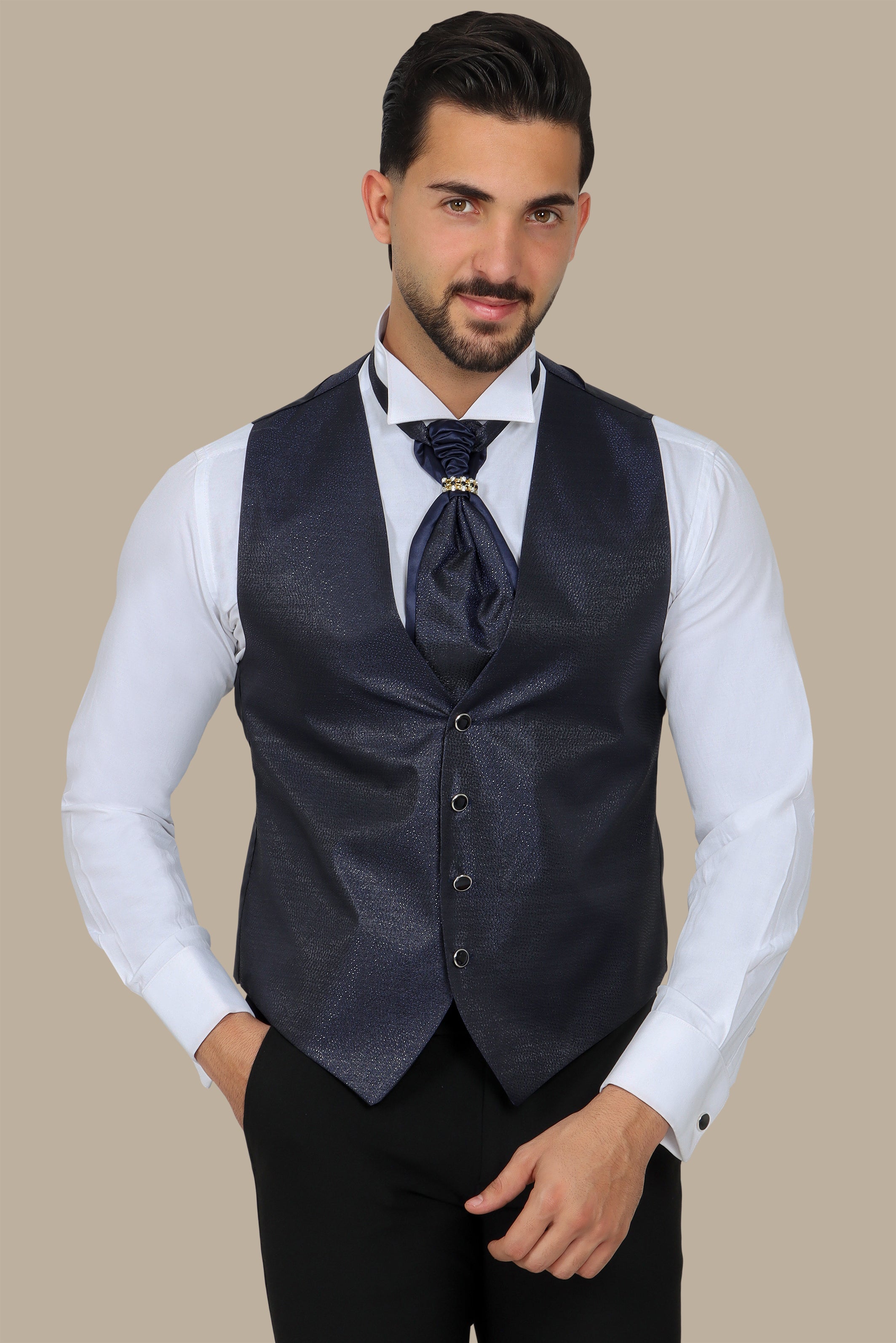 Navy Glitter Pattern Vest 2-Piece Set