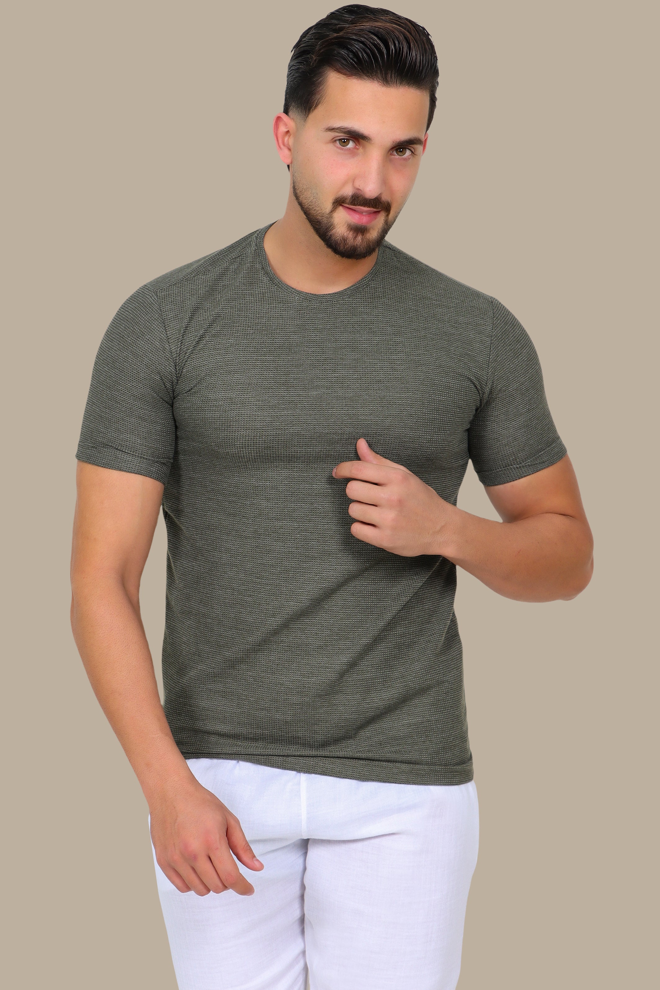 Khaki Textured Round Neck T-Shirt