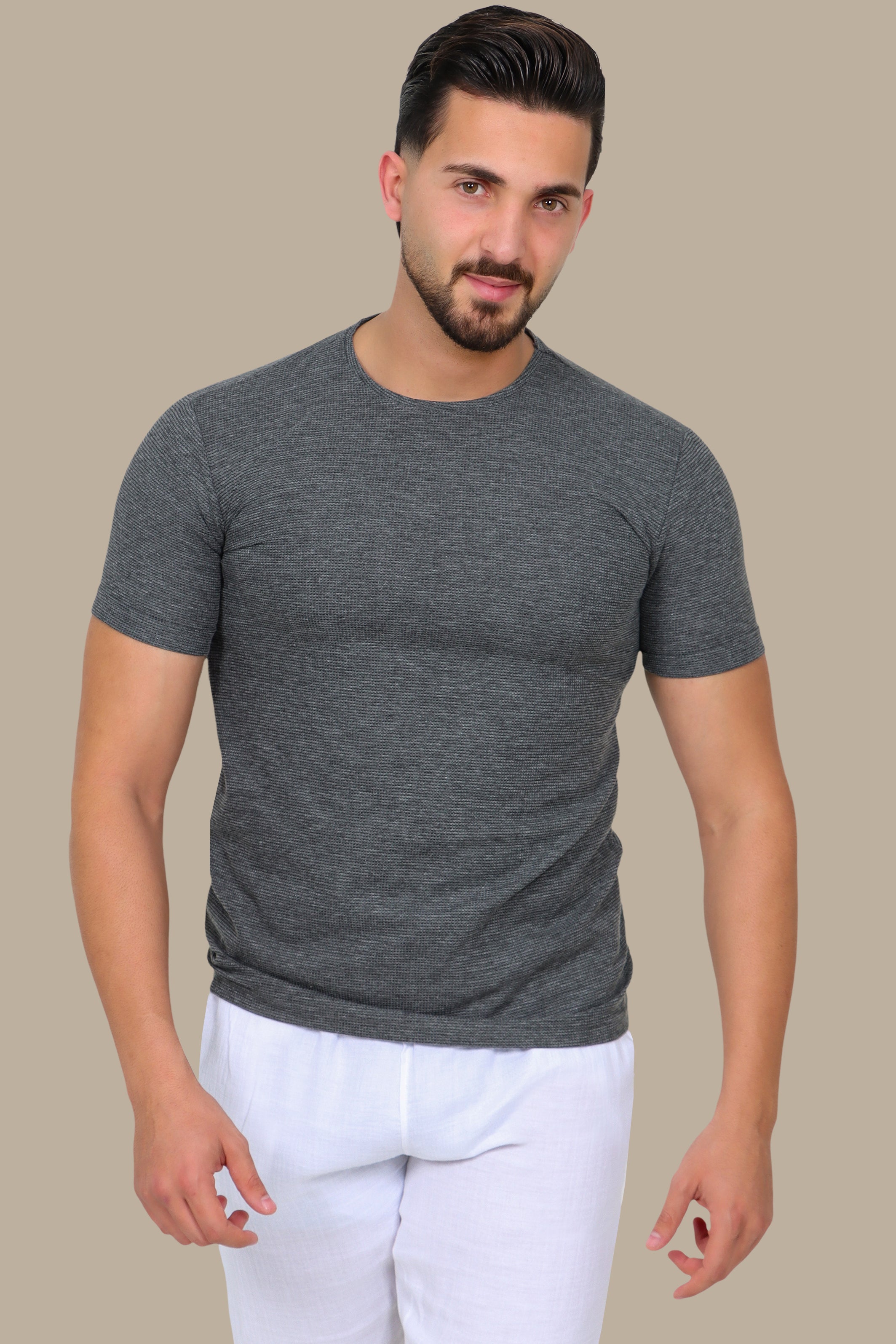 Grey Structured Round Neck T-Shirt