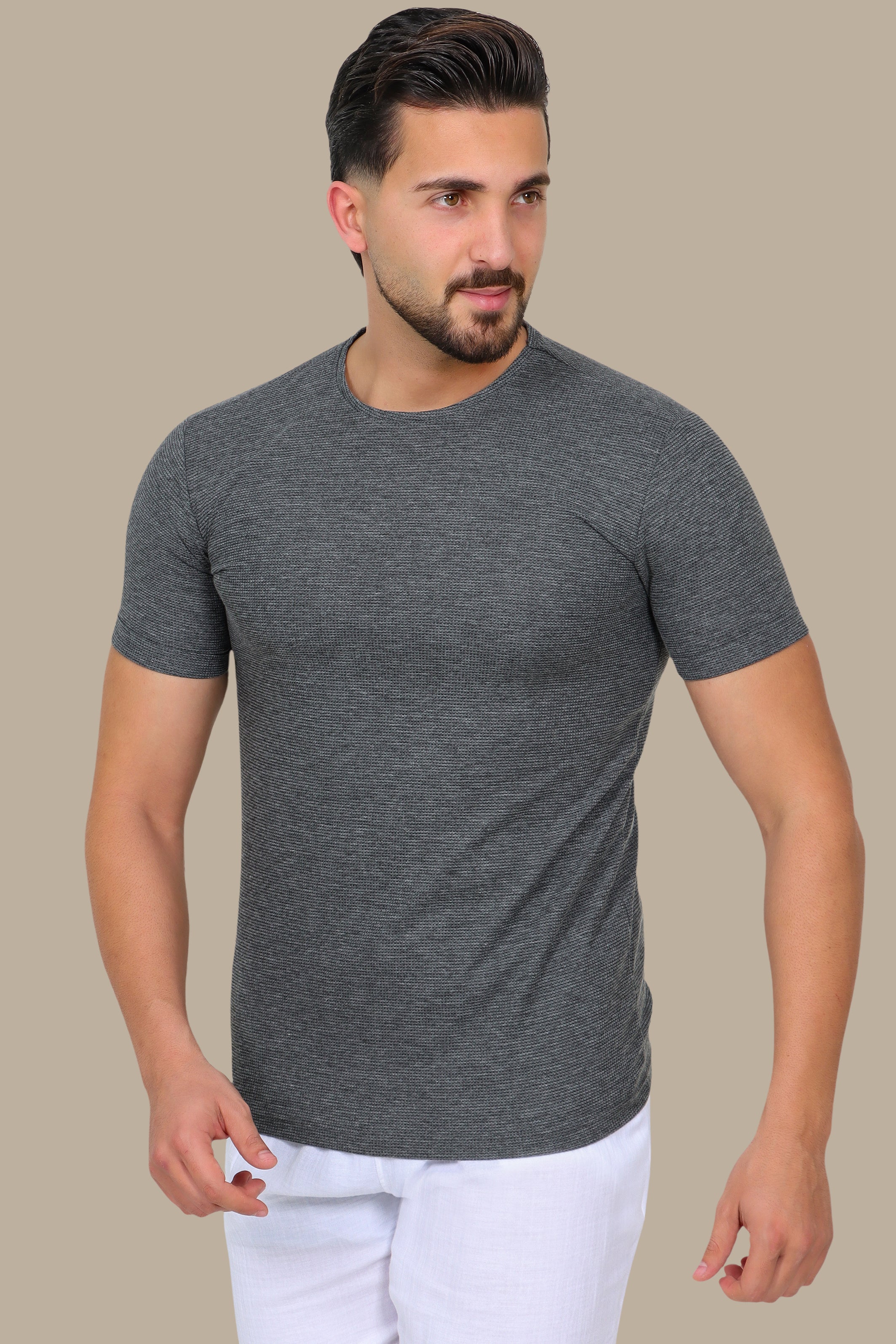 Grey Structured Round Neck T-Shirt