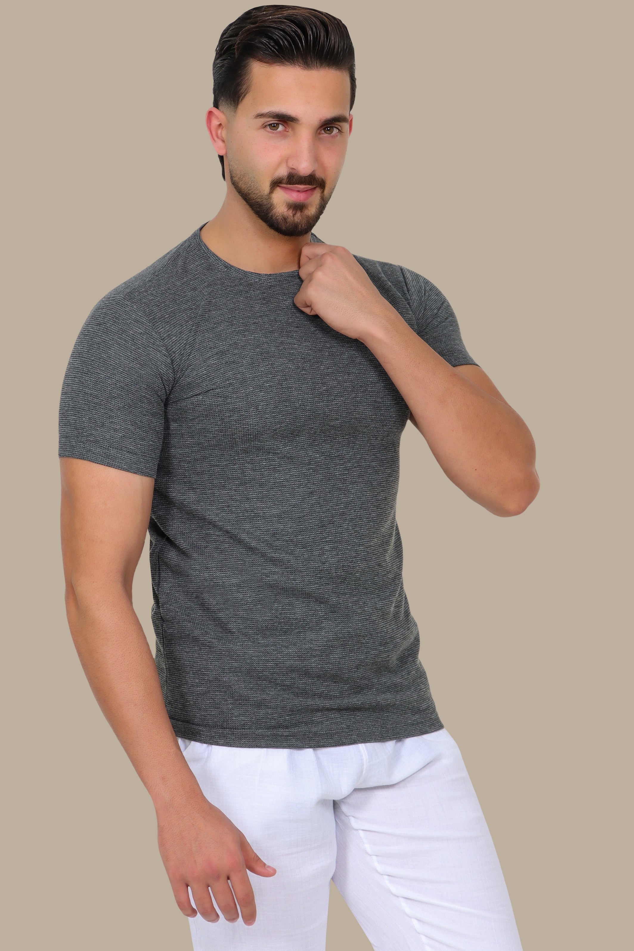 Grey Structured Round Neck T-Shirt