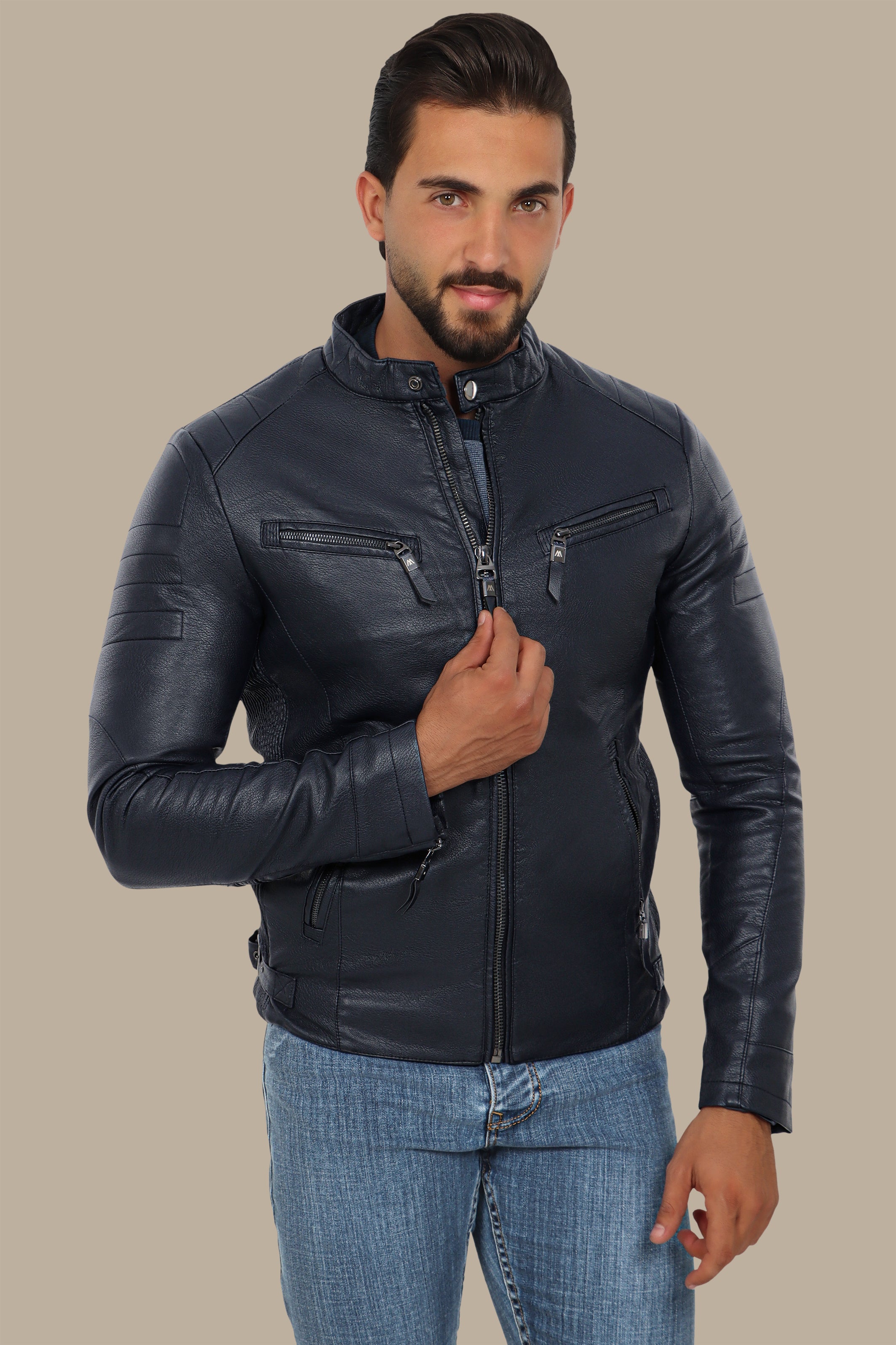 Navy Classic Leather Jacket with 4 Zippers