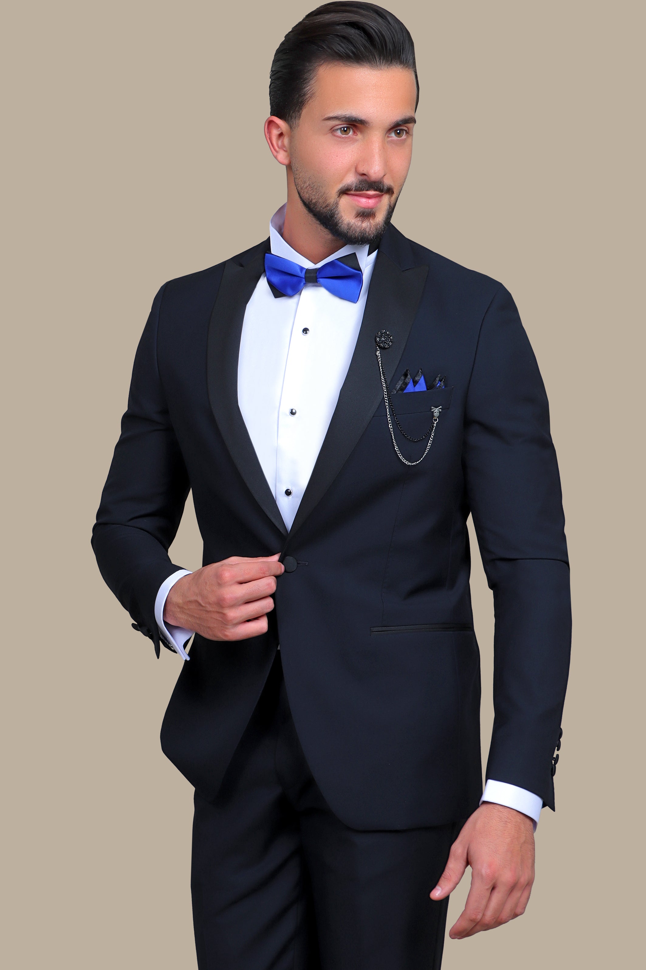 Navy Elegance: Peak Lapel Tuxedo in Black Satin for a Distinguished Look