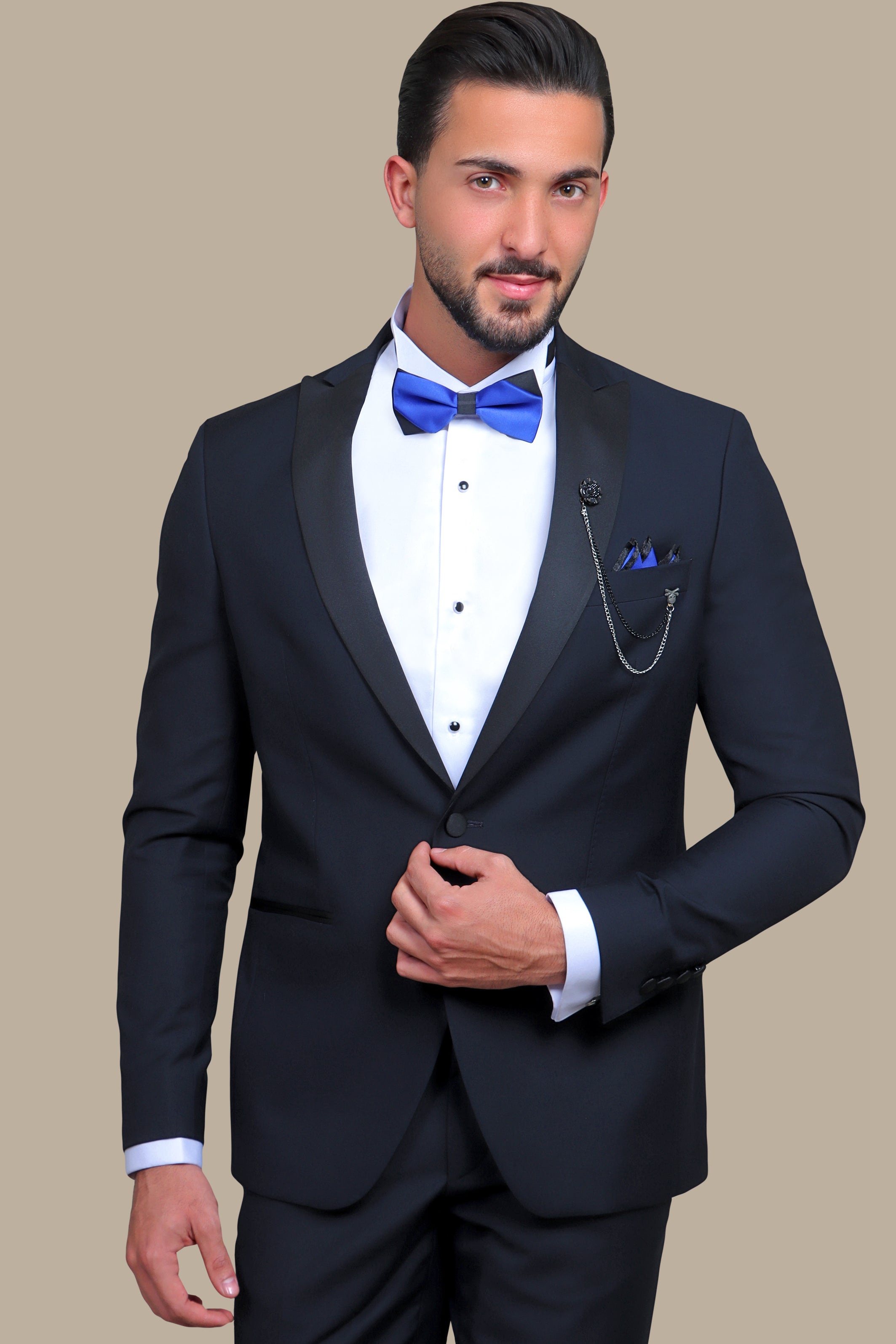 Navy Elegance: Peak Lapel Tuxedo in Black Satin for a Distinguished Look