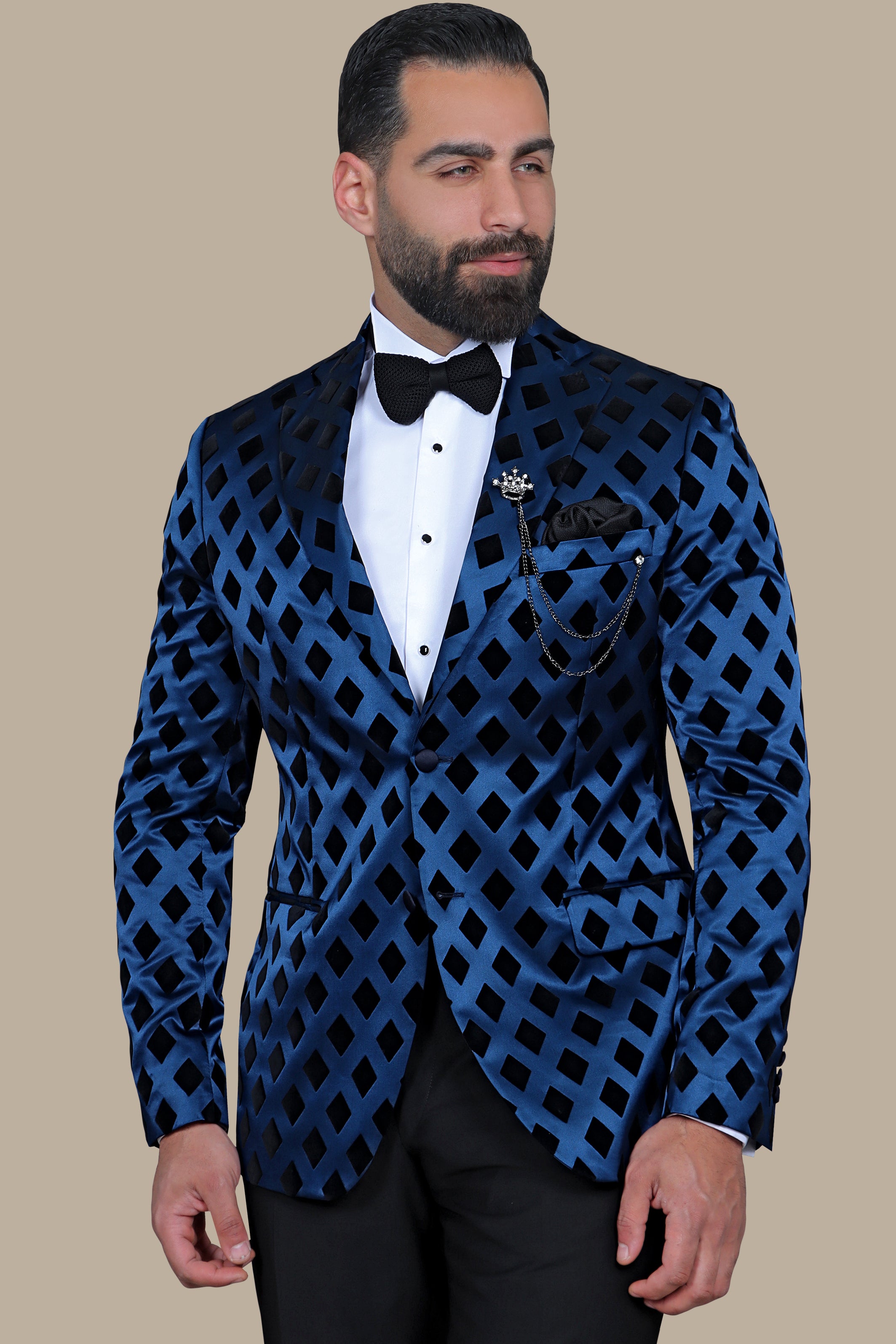 Smoked Blue Elegance: FV Special Collection Blazer with Black Lozenge Print