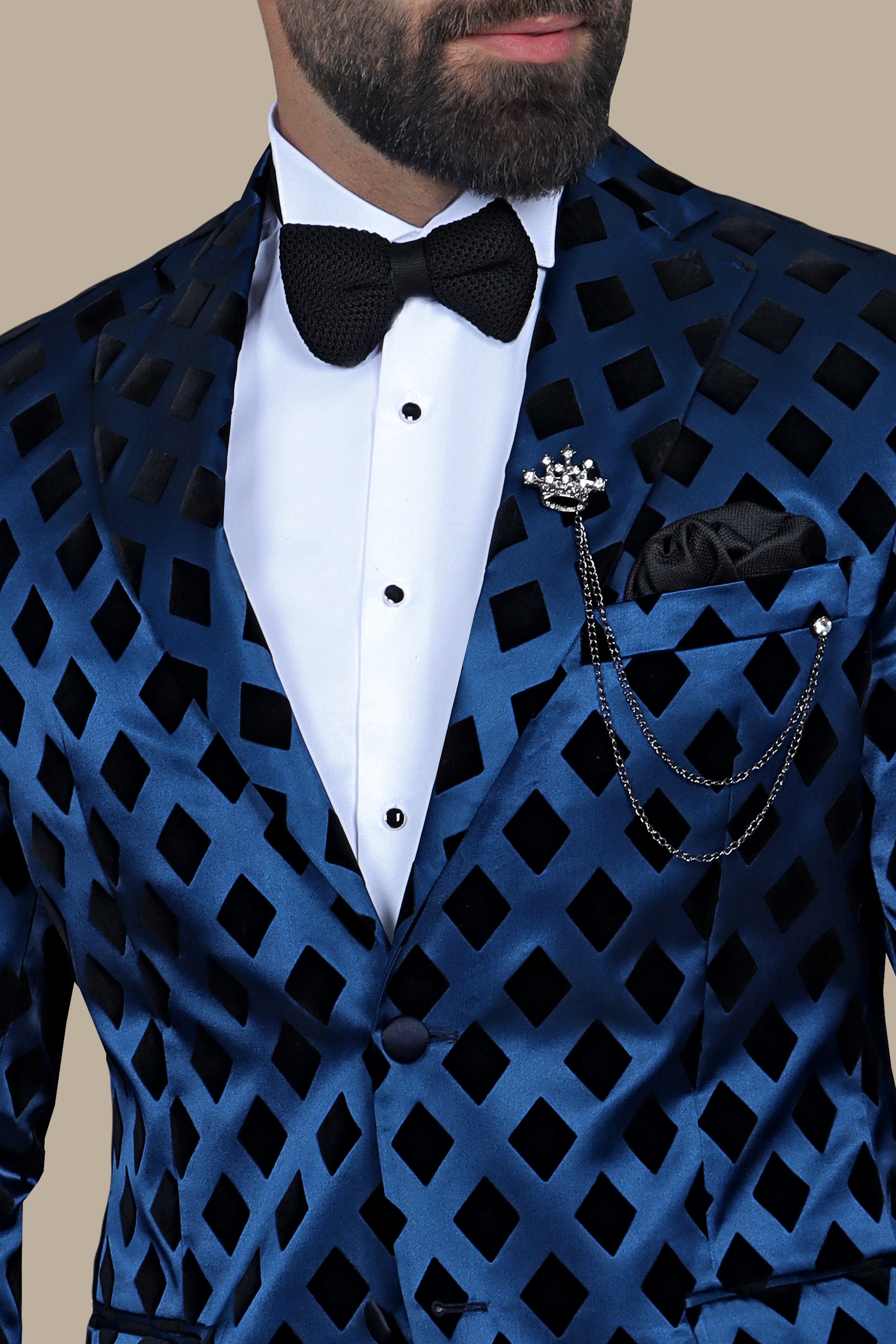 Smoked Blue Elegance: FV Special Collection Blazer with Black Lozenge Print