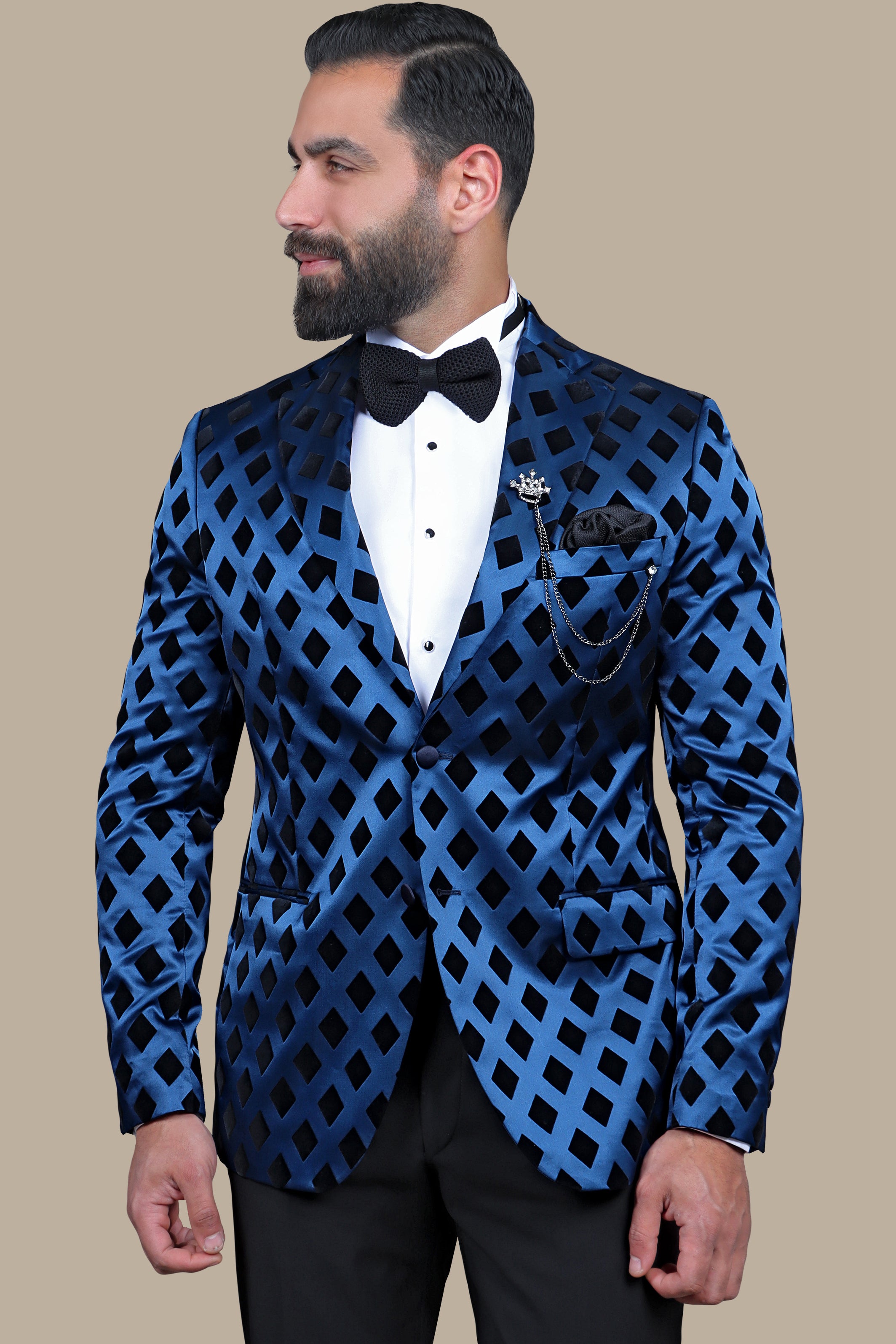 Smoked Blue Elegance: FV Special Collection Blazer with Black Lozenge Print