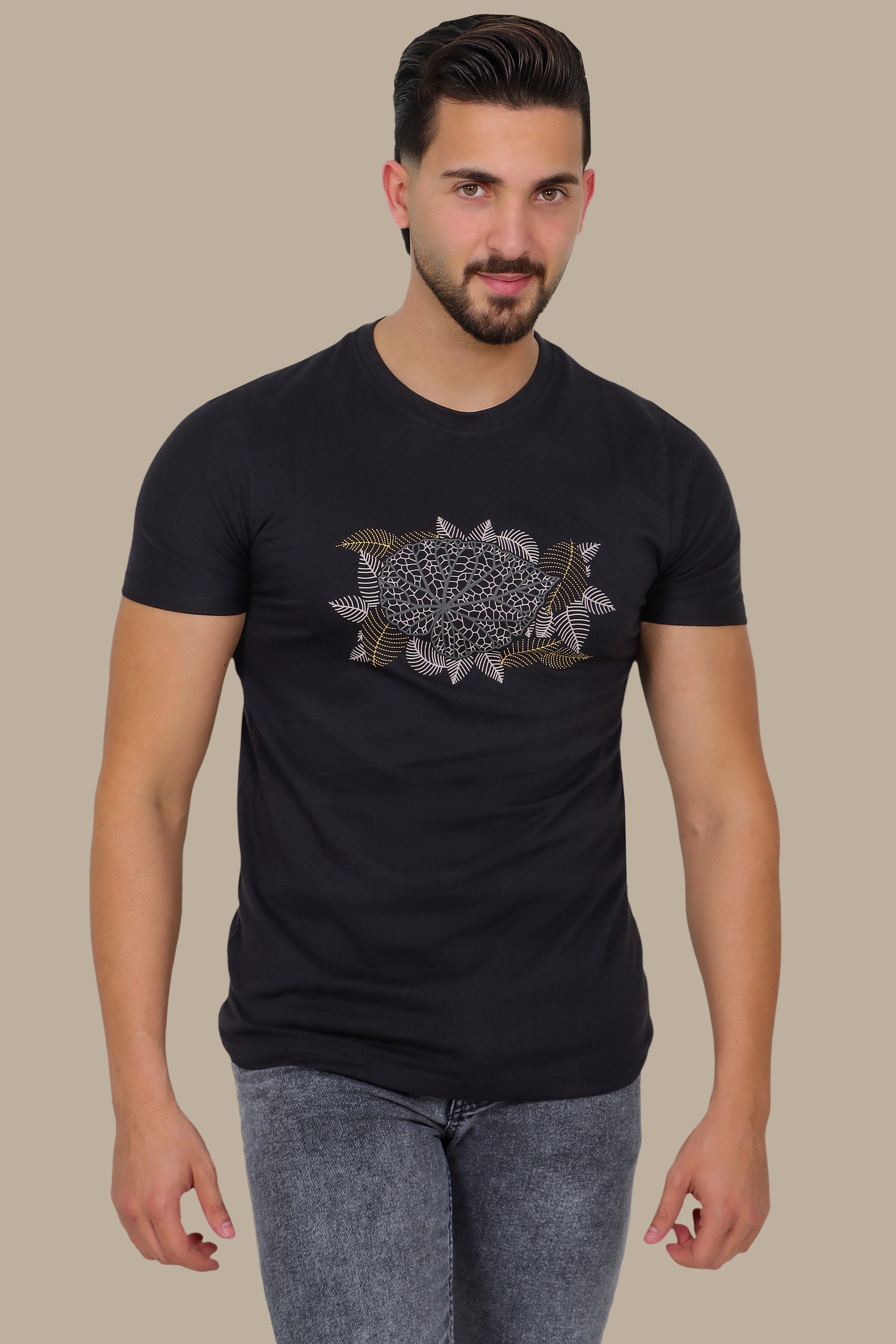 Black T-Shirt with Leaf Print