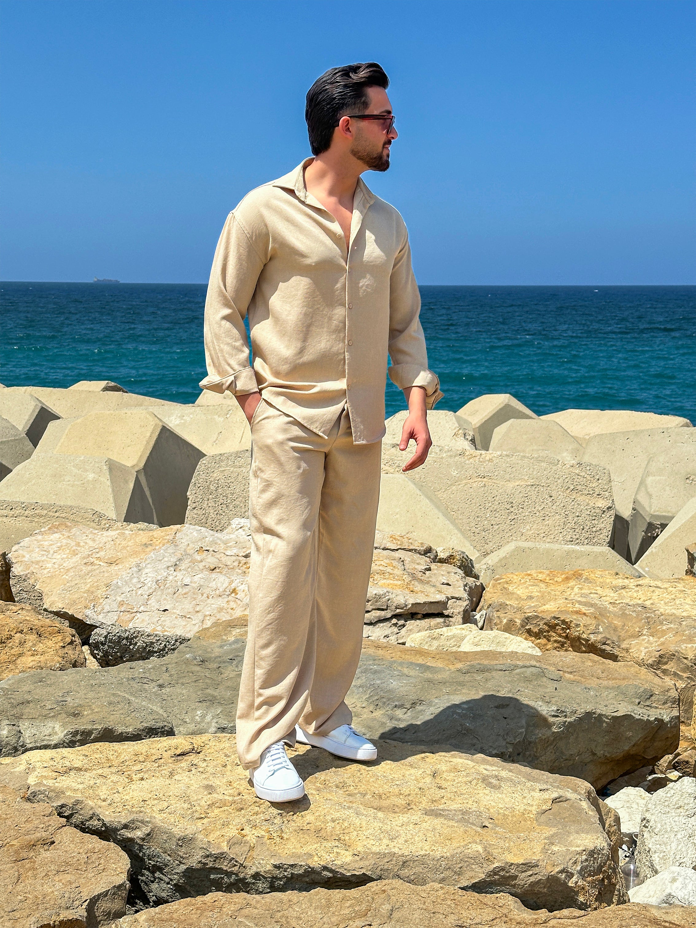 Beige Linen Loose Long Sleeve Tracksuit