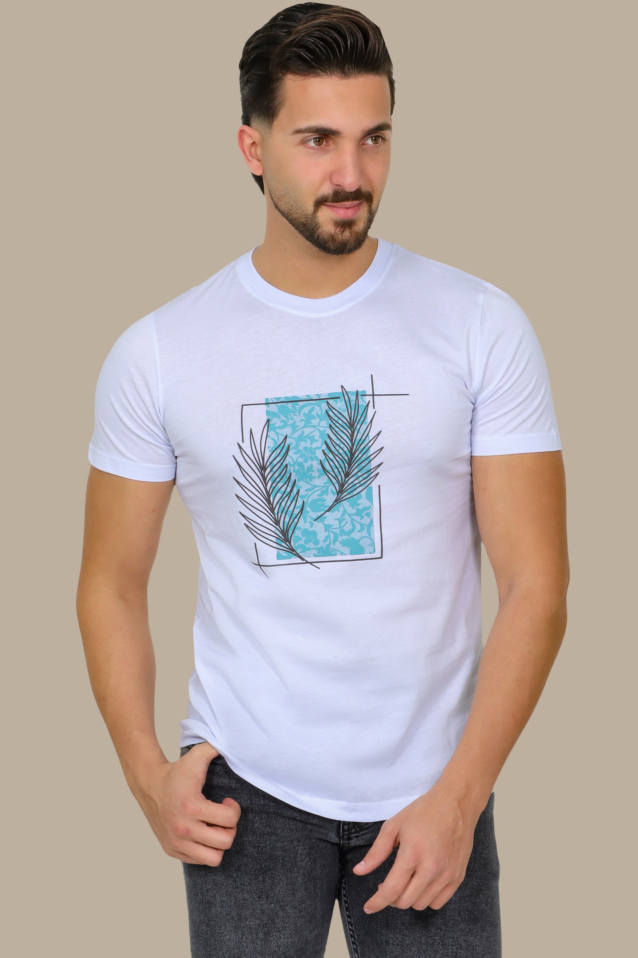 Printed Leaves Round Neck T-Shirt