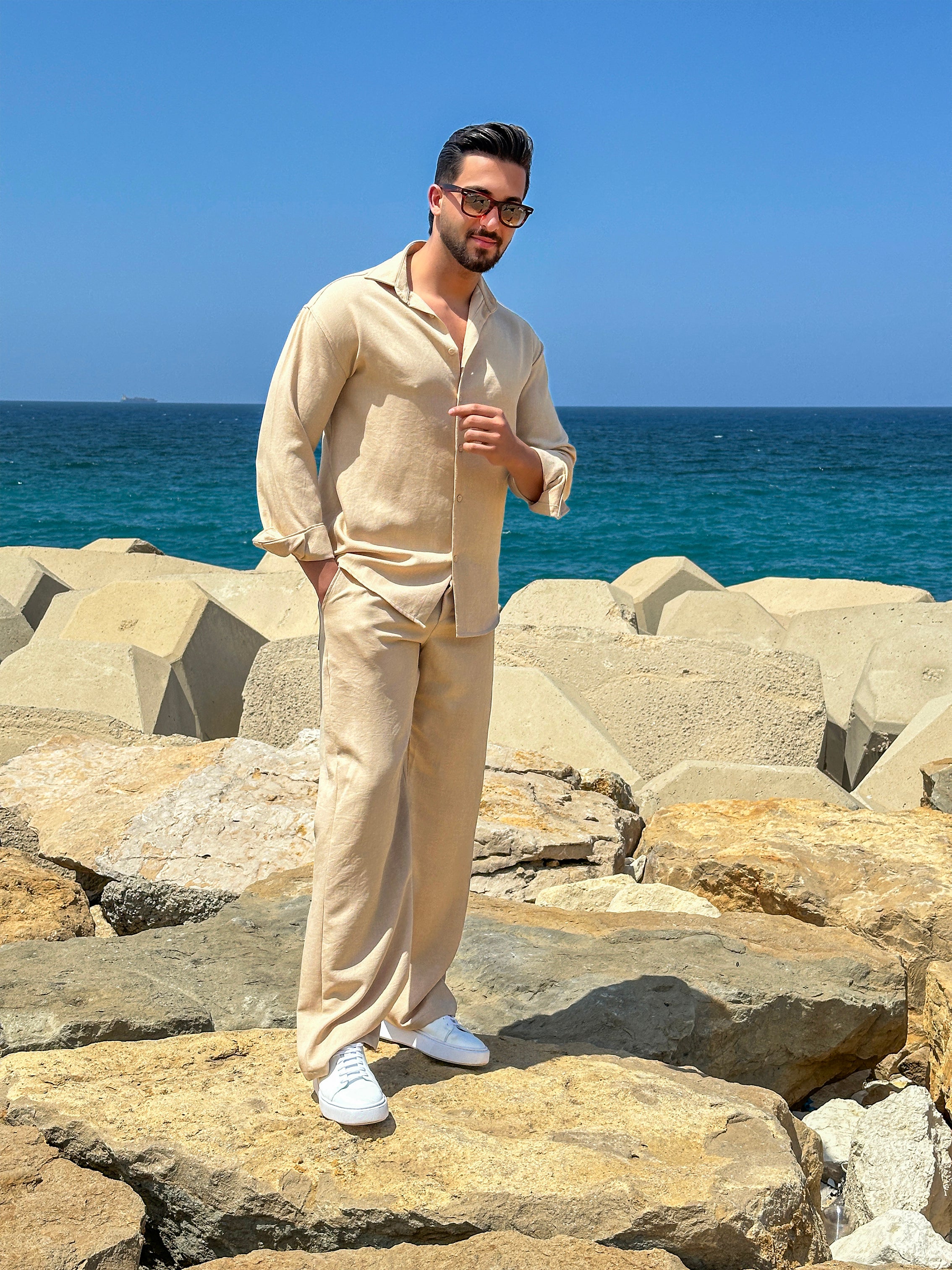 Beige Linen Loose Long Sleeve Tracksuit