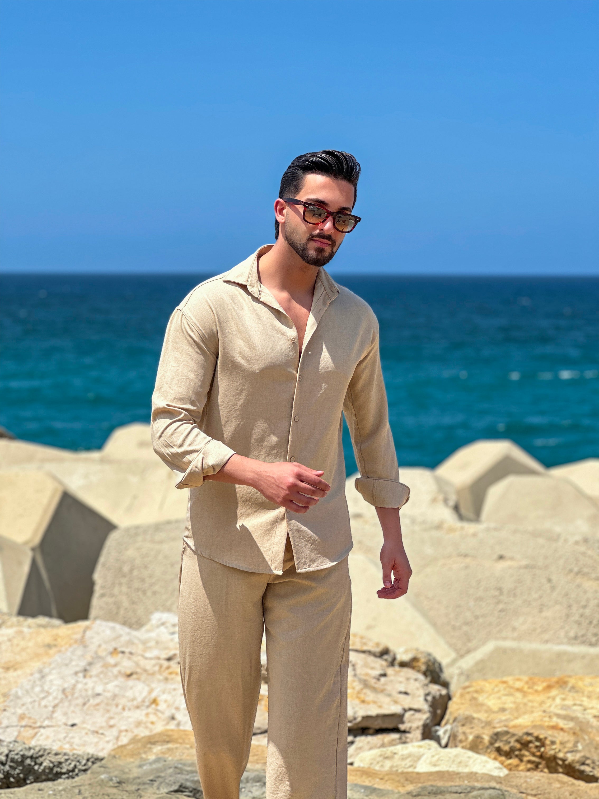 Beige Linen Loose Long Sleeve Tracksuit