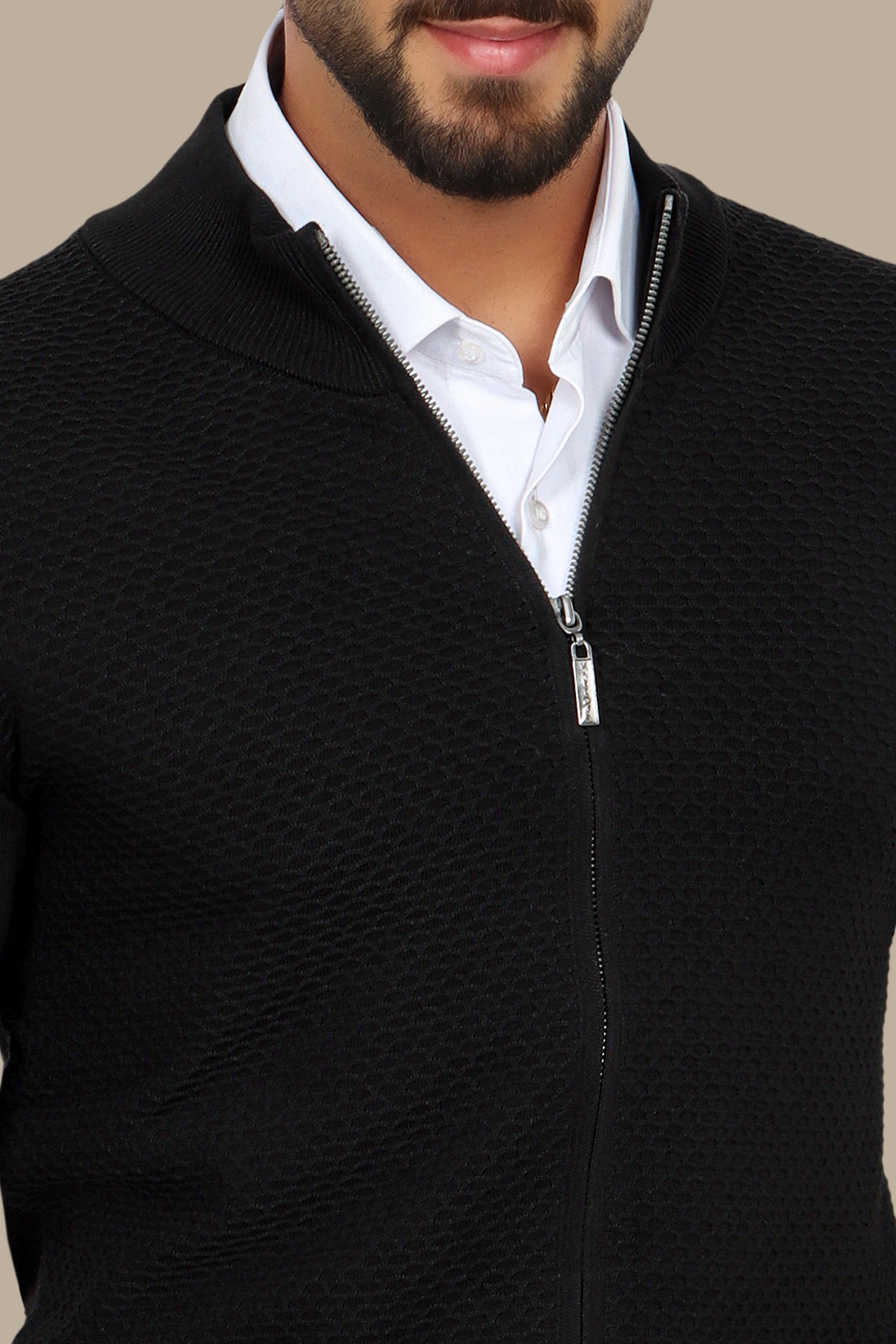 Black Full-Zip Cardigan with Honey Print